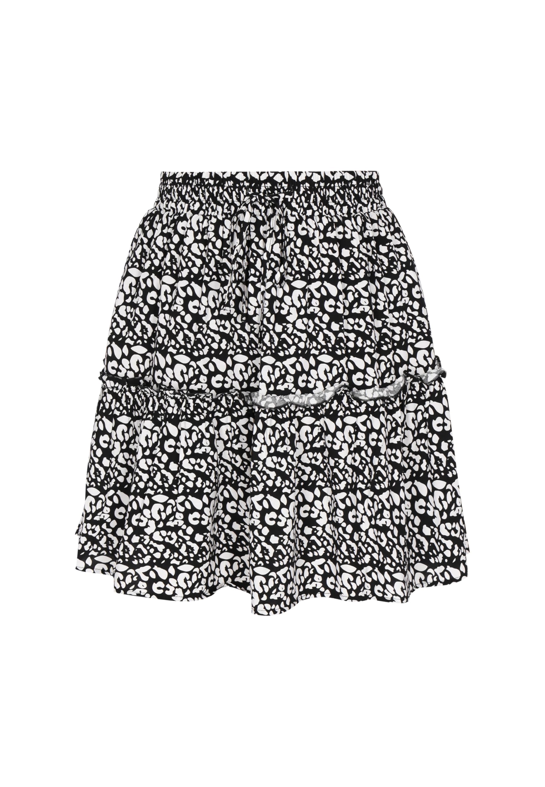 myMo Minifalda para mujer, líneas A, estampado de leopardo, cintura elástica, volantes divertidos, estilo casual moderno