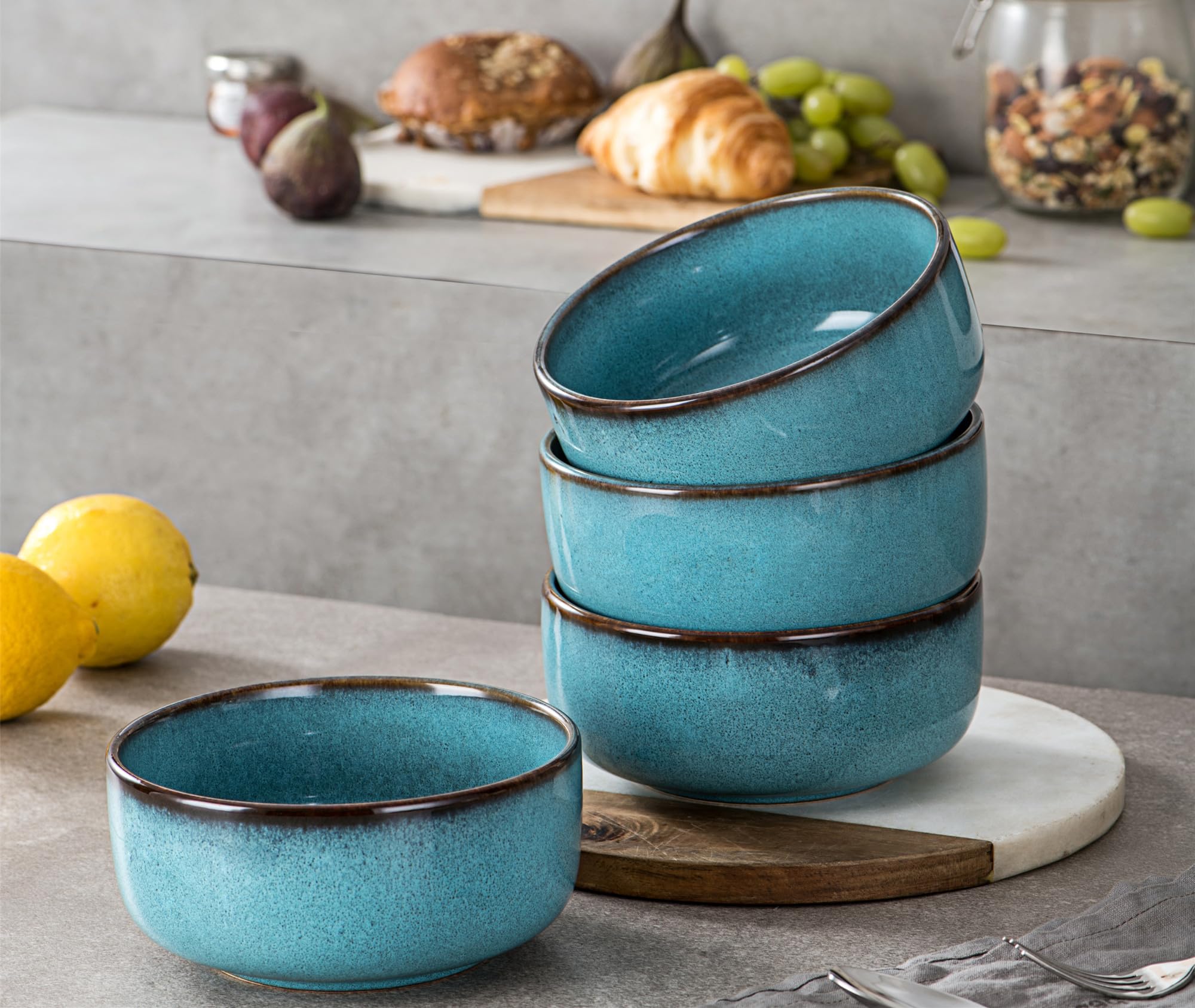 Ciotole per Cereali, Insalatiera Ceramica di 4 x 975 ml, Set di Ciotole Ceramica Blu per 4 Persone, Set Stoviglie Grande Ciotola per Colazione, Cereali, Zuppa, Insalata