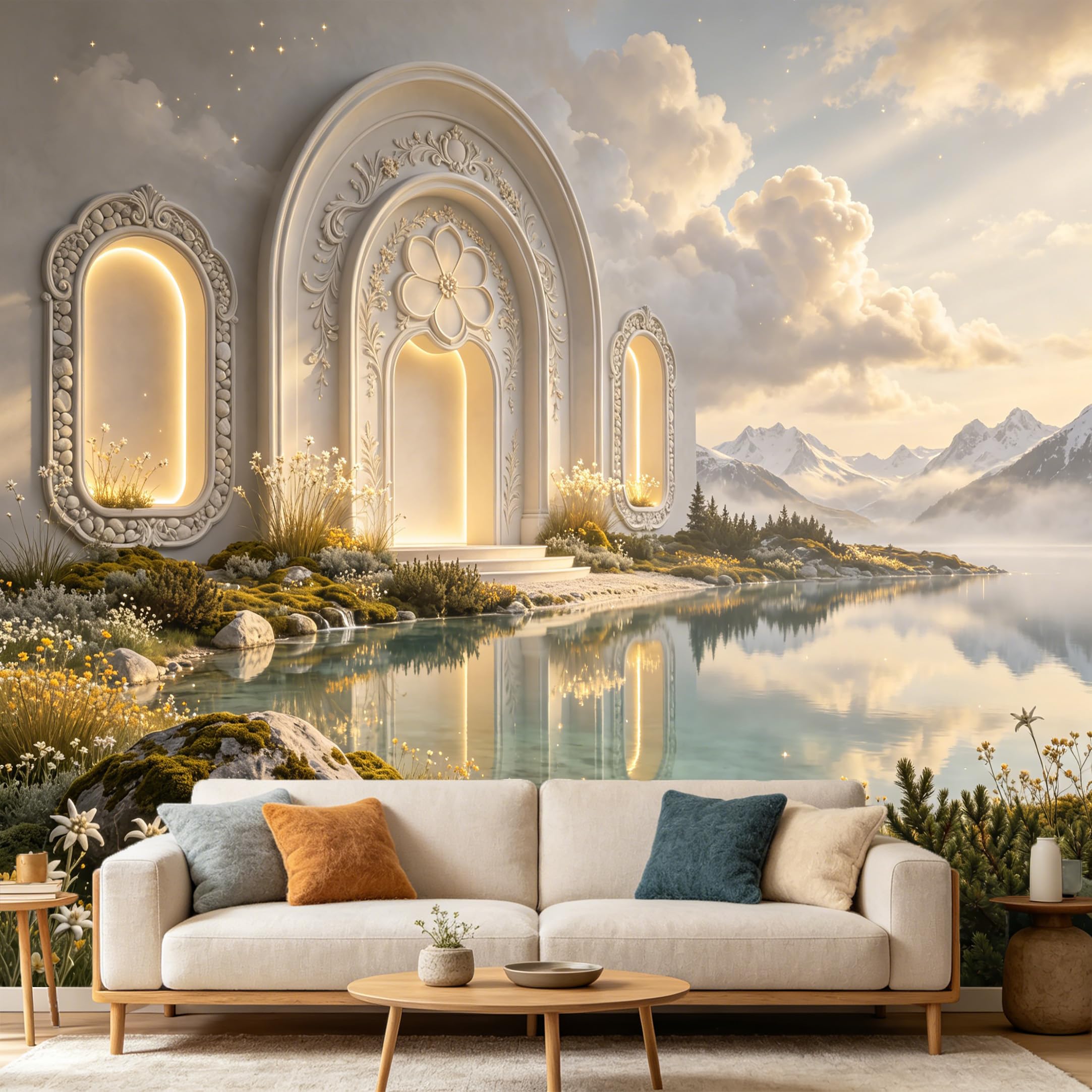 Custom Size Wall Mural， 3D Neoclassical Archway Mountain Lake Scenery， SelfAdhesive Art Prints wall Fabric Removable Large Wallpaper Home Living Room Decor， Surreal Landscape View