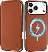 SHIELDON Slim Real Leather Case Wallet for iPhone 17 Pro Max 6.9 Inch 5G 2025 | Wireless Charging | RFID Blocking Card Holder | Folio Magnetic Closure | Shockproof Cover | Retro Brown
