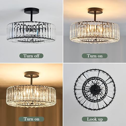 Miniatura 7 de DAFKOS 4 Lights Modern Crystal Chandelier Black Round Semi Flush Mount Ceiling Light Fixture Farmhouse Chandelier for Dinning Room Living Room