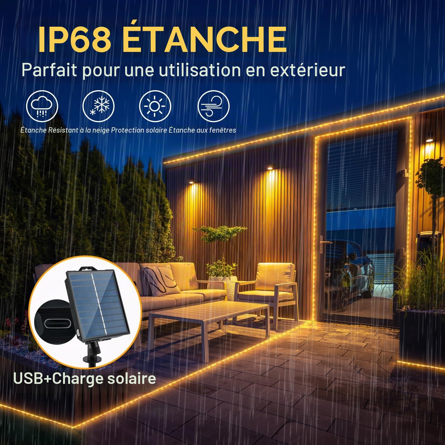 StarryEver Tuyau solaire LED - 15 m - 600 LED - 2700 K - Blanc chaud - Avec IP68 - Résistant aux intempéries - Fonction de charge USB - Télécommande - Pour fête, trampoline, jardin, balcon -