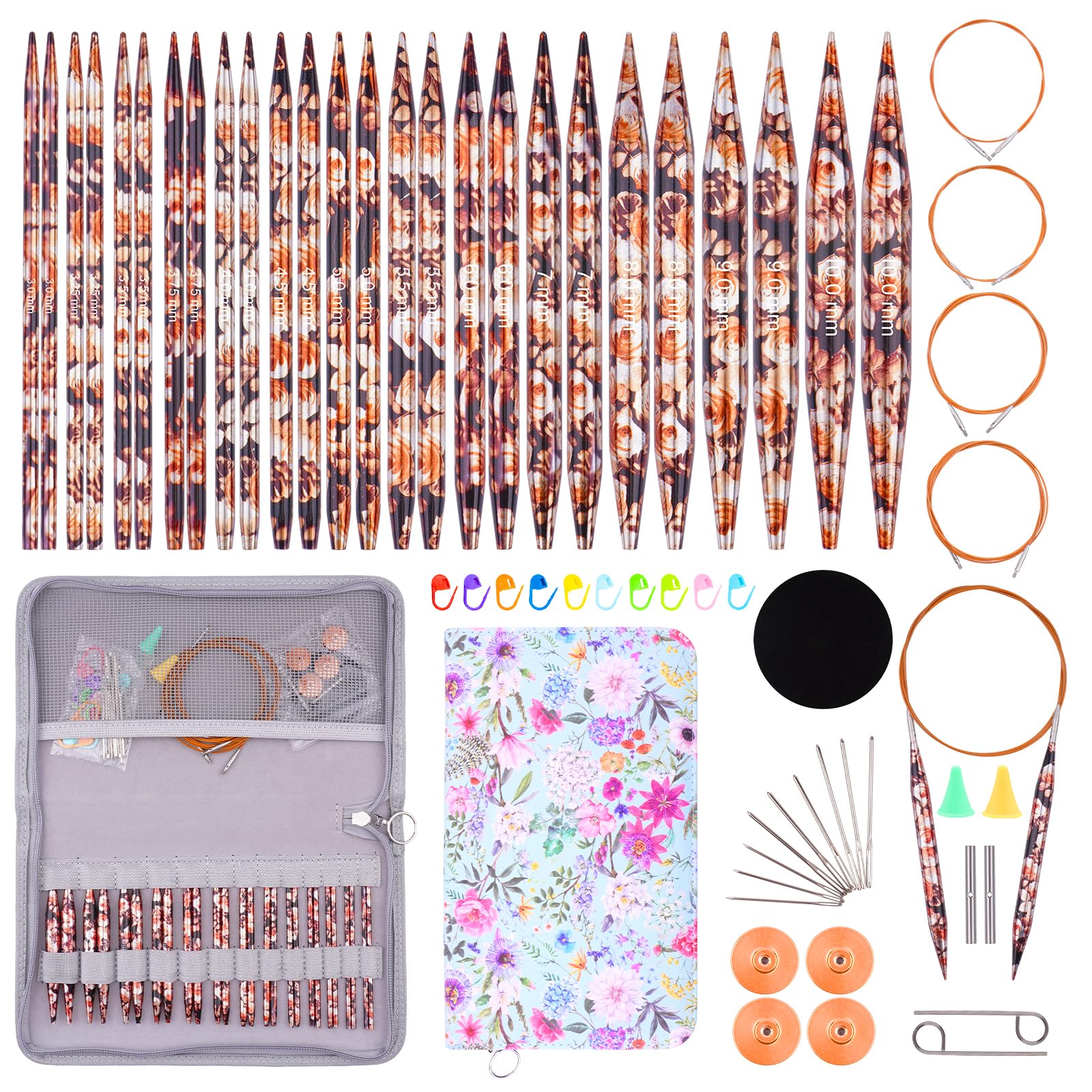 WAZAIGUR Austauschbares Rundstricknadel-Set, Aluminium, 13 Paar, Stricknadeln, Größen 3 mm-10 mm, mit 4 Kabeln