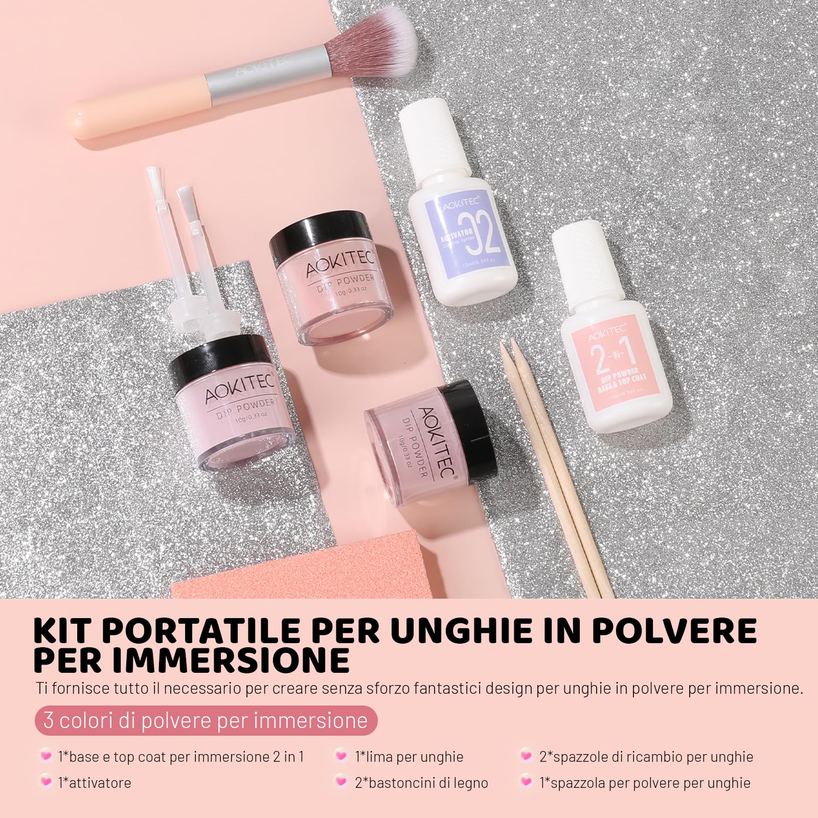 Aokitec 11 PCS Dip Powder Nail Kit Starter Set - 3 Colours Nail Powder with 2-in-1 Dip Base & Top Activator Nail Dust Brush, Simple Steps for Long-lasting Nail Art, Light Pink Tawny Orange