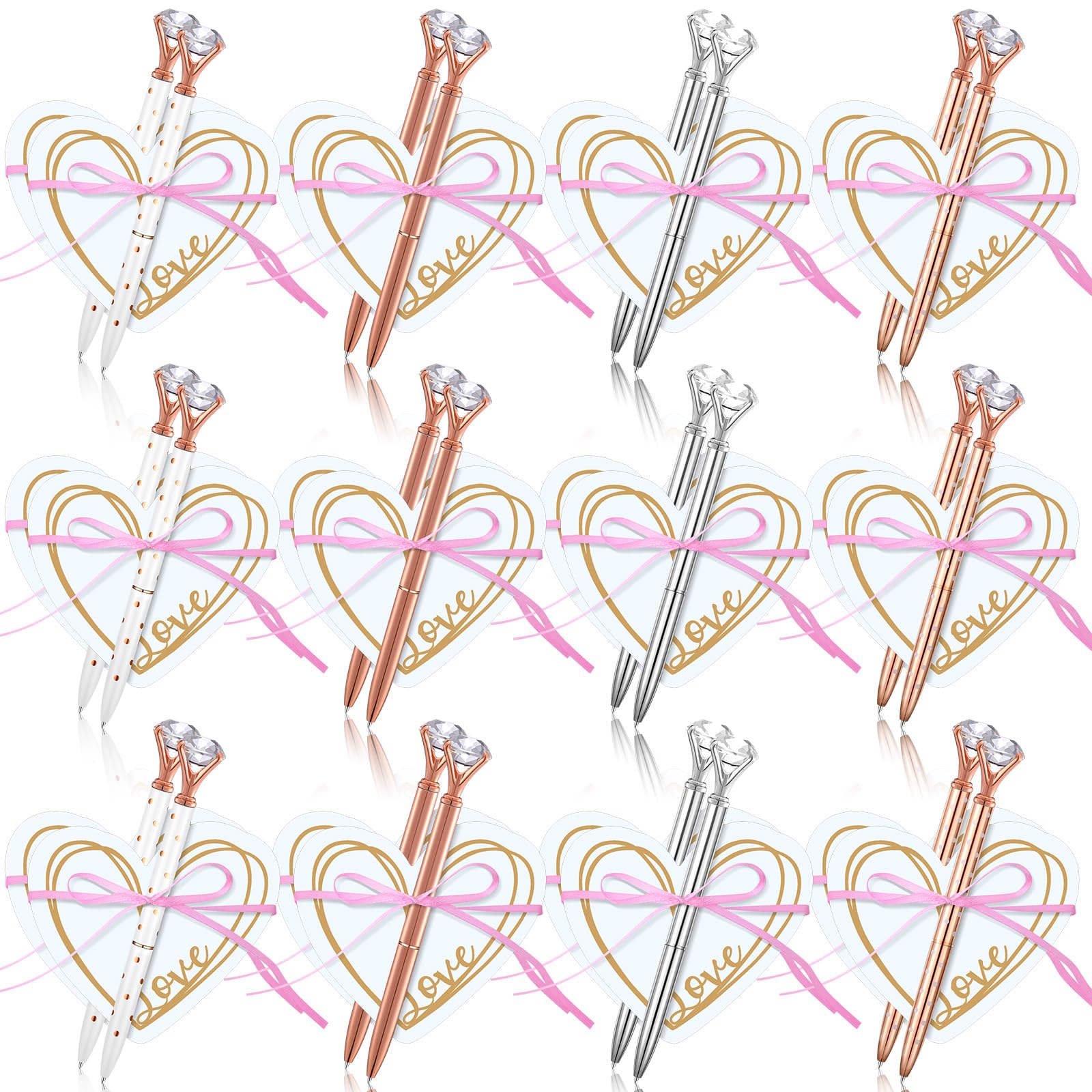 Fuutreo 24 Pack Heart Shape Sticky Notes Set with Big Diamond Pens Memo Pad for Wedding Crystal Metal Ballpoint Pens with Black Ink for Bachelorette