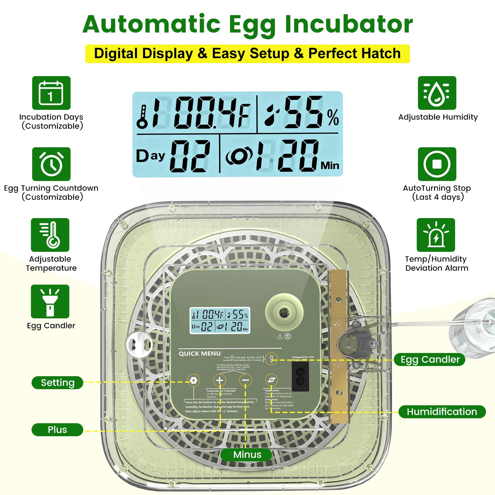 Incubatrice per 12 uova con rotazione automatica, ricarica automatica dell'acqua e controllo della temperatura/umidità, più guida per la schiusa, per pollo, anatra, quaglia, uova di piccione e altro