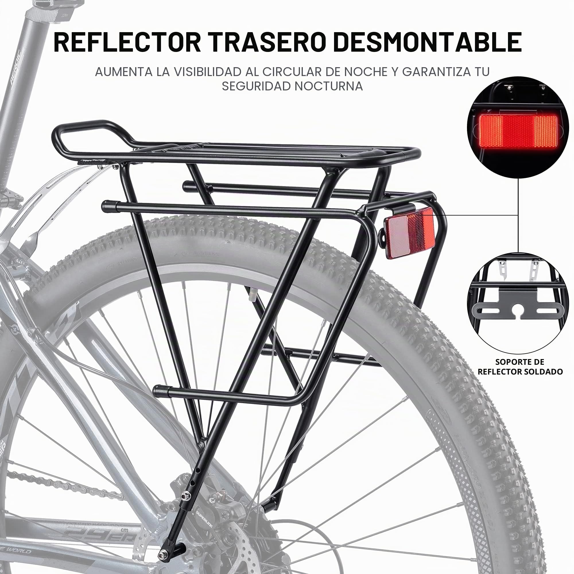 Kadacha Portaequipajes para Bicicletas con o Sin Freno de Disco, Portaequipajes para Bicicletas de Turismo Apto para Bicicletas de 26 a 29 Pulgadas con Reflector y Carga Máxima de 27kg