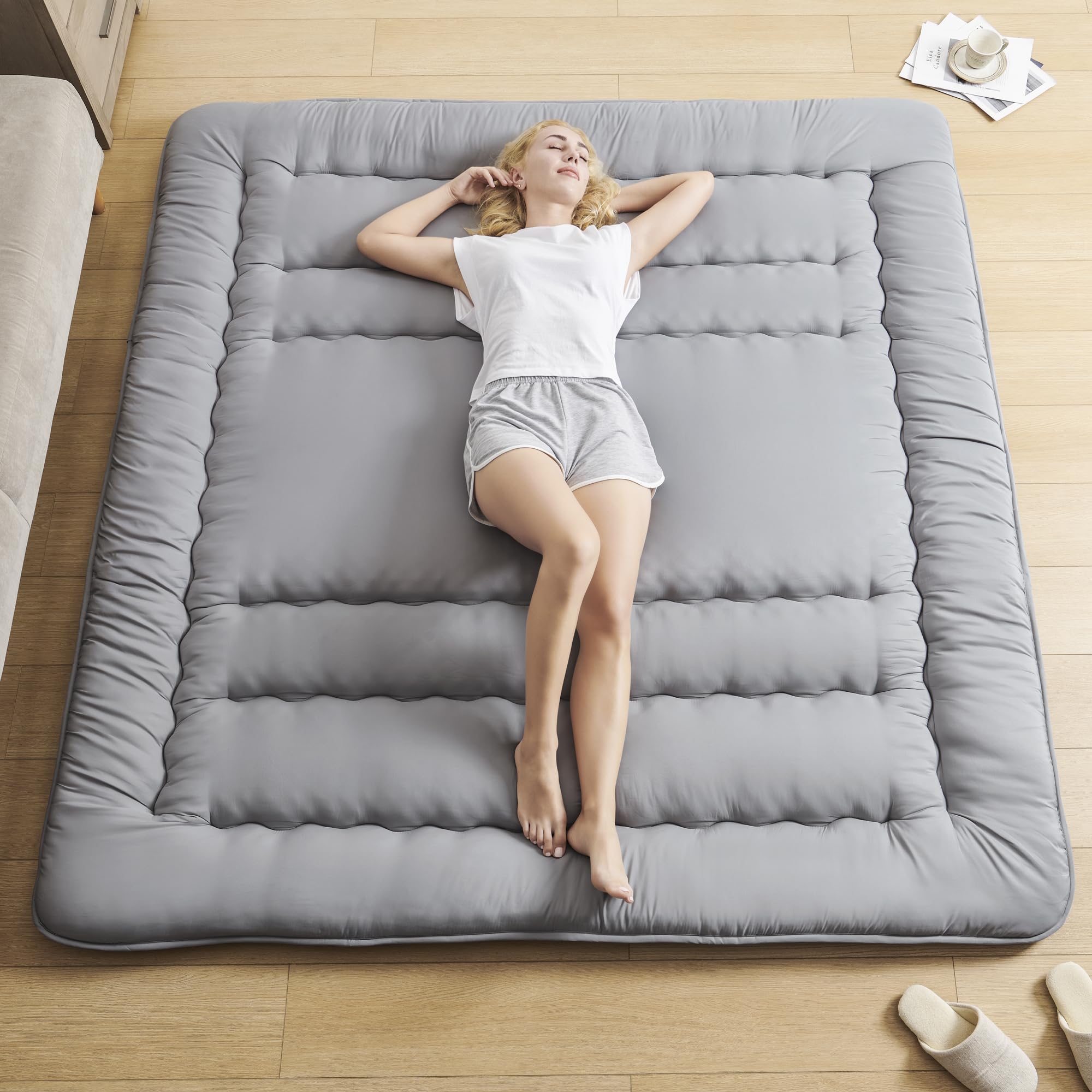 ZPECC Futon Mattress Japanese Floor Mattress - High Support Memory Foam Foldable Roll Up Shikibuton Tatami Mat Sleeping Pad for House Guest, Camping, Travel (Gray, King Size)