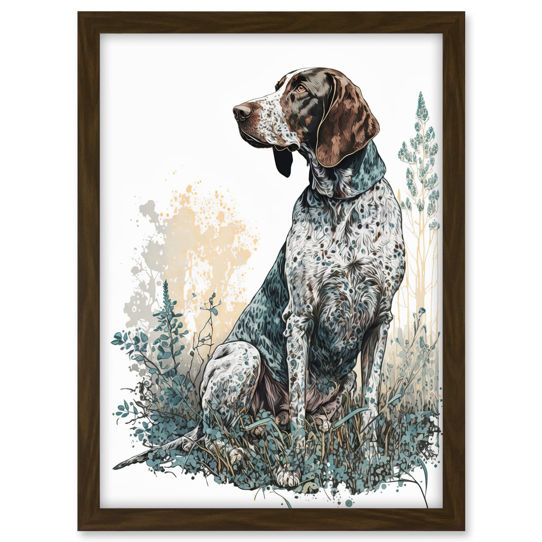 Artery8 German Pointer Dog Sitting in Field Modern Detailed Illustration Artwork Framed A3 Wall Art Print