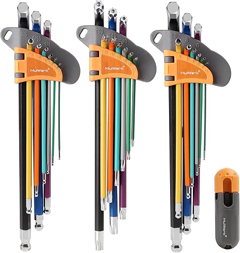 MULWARK Juego de 28 llaves Allen magnéticas de acero S2 con mango en T, juego de llaves hexagonales SAE (116"-38") Allen llave métrica (0.059