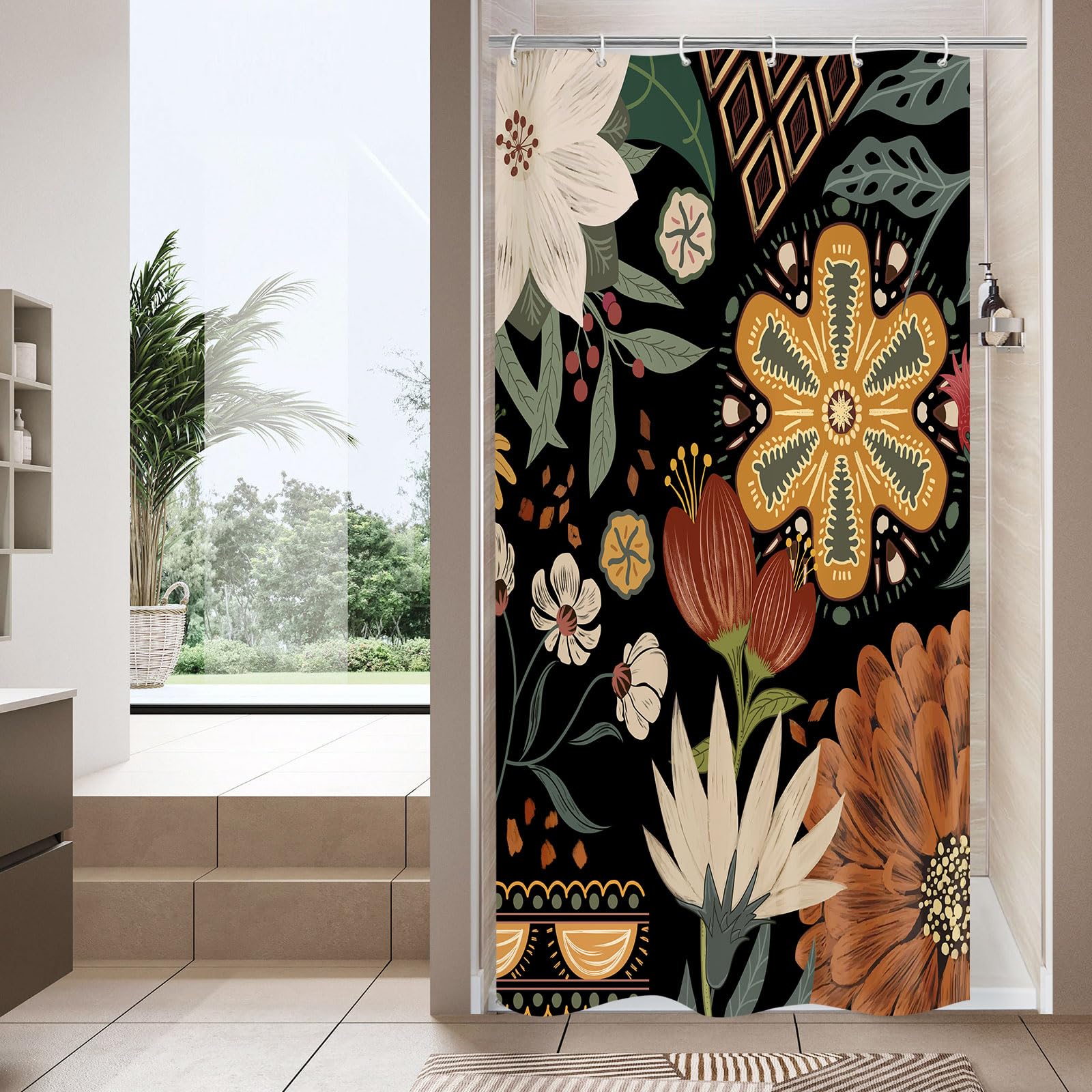 Boho Floral Shower Curtain, Vintage Botanical Fabric Curtain, 48 x 72