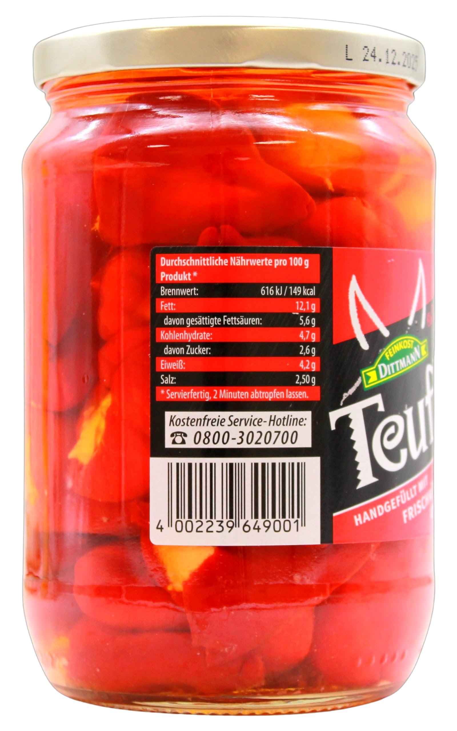 Feinkost Dittmann Teufli pikante rot Pfefferonen mit Frischkäse gefüllt, 6er Pack