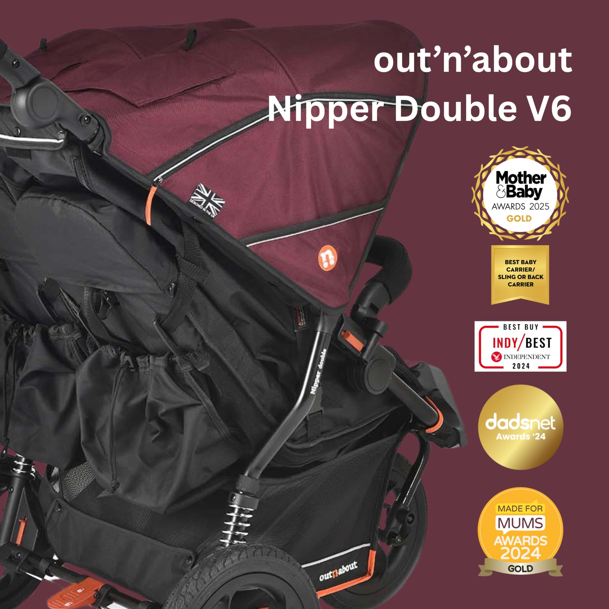 Out'n'About Nipper V6 Plus - Passeggino leggero per tutti i terreni con parapioggia, ruote da 35,6 cm, freno al manubrio e pieghevole compatto, passeggino certificato per neonati e bambini, colore