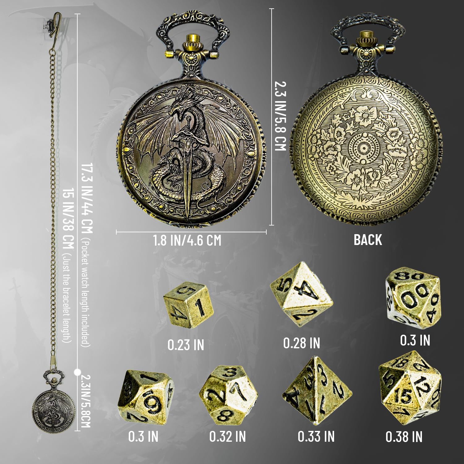 DND Dice Set, 7PCS Mini Metal Dice with Pocket Watch Shell Case, Necklace and Gift Box, Dungeons and Dragons Set for Role Playing Board Games Accessories (Dragon and Sword, Bronze)