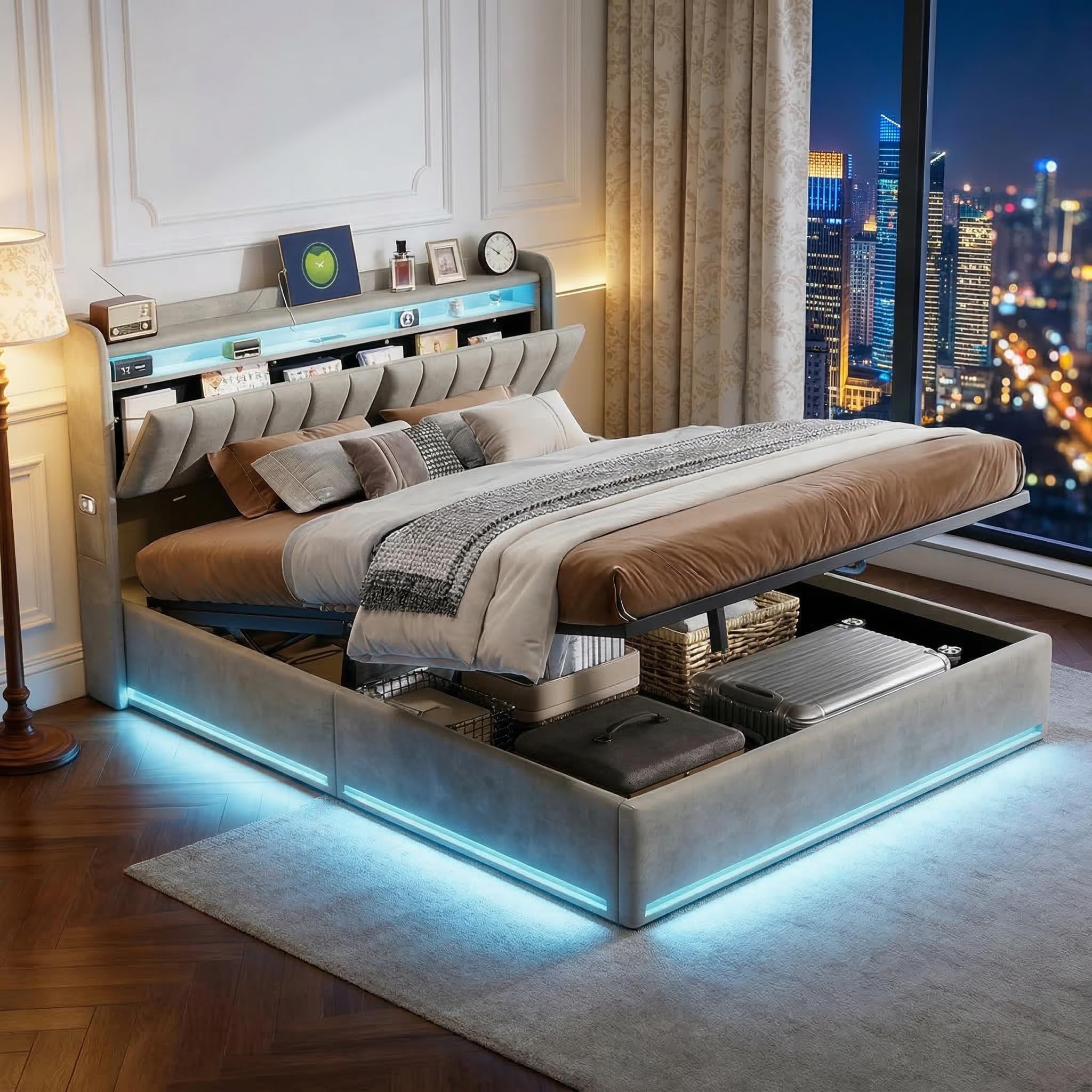 Łóżko 160x200 z pojemnikiem i oświetleniem LED,łóżko podwójne z tapicerowanym zagłówkiem,łóżko podwójne z listwowym stelażem dla dorosłych i nastolatków,hydraulicznie tapicerowana rama łóżka