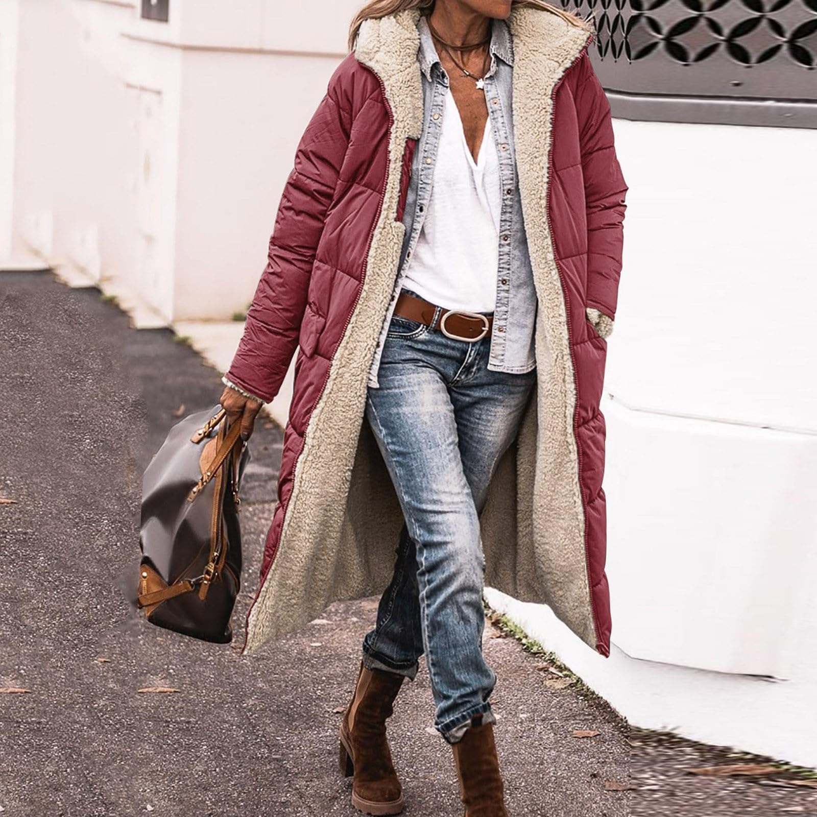 Generisch Cappotto invernale da donna, lungo, invernale, elegante, con imbottitura calda, con tasche, alla moda, con cerniera, piumino con cappuccio