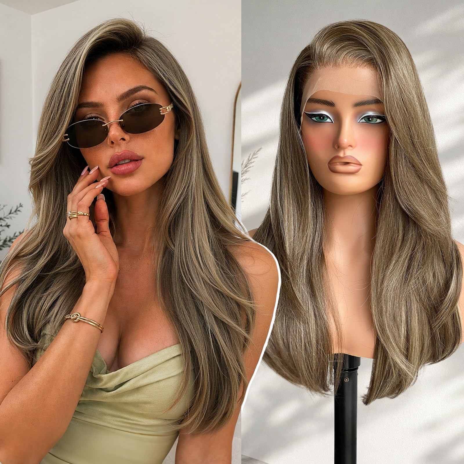 KOME Ash Brown Synthetic Lace Front Wig, 13X6 Long Straight Layered Glueless Wigs for Women Daily Use 22IN(#F8/27/88)