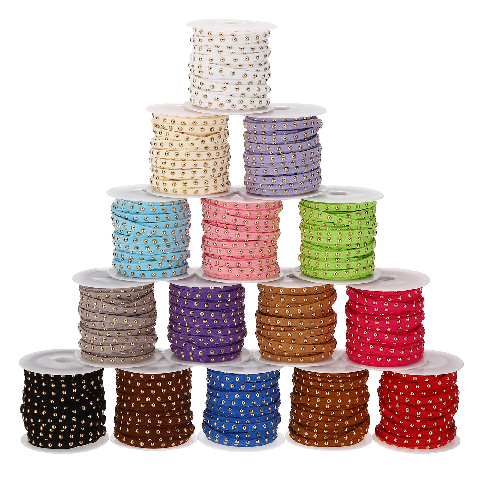 PATIKIL 82 Yards 15 Color Studded Faux Suede Cord Rope for Jewelry Making 15Pcs Each 5 Meter 5mm Micro Fibre Flat Leather Lace Beading String Ribbon with Golden Rivets