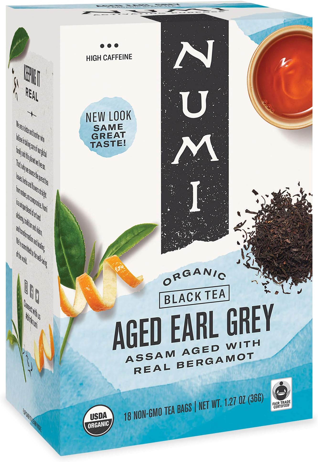 Numi Organic Tea Aged Earl Grey, 18 Count Box of Tea Bags (Pack of 6), Black Tea