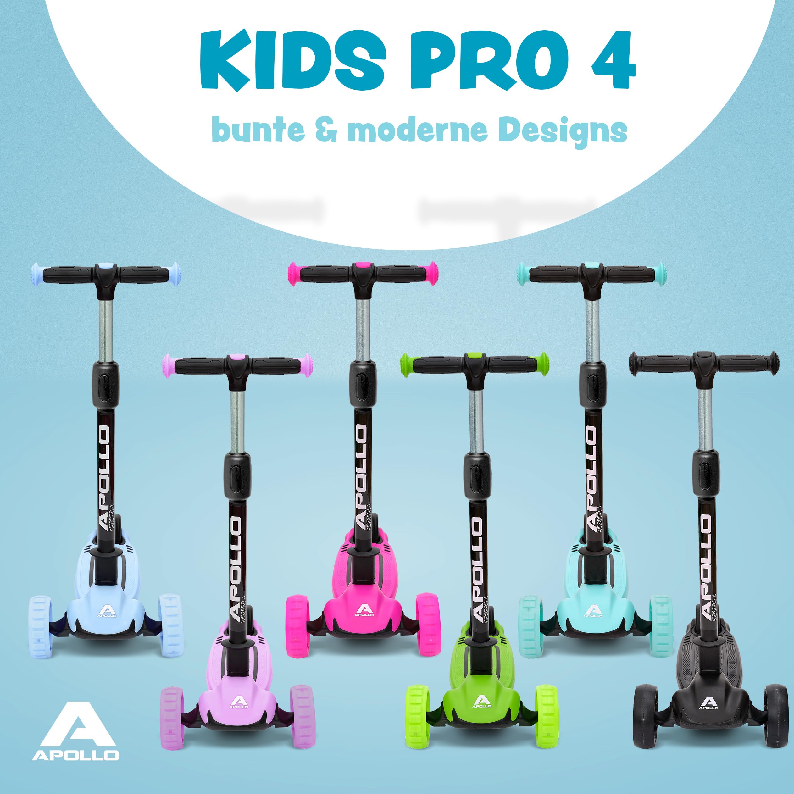 Apollo KidsPro 4 Kinderroller | klappbarer Kinder Scooter, höhenverstellbarer Dreiradscooter | Roller Kinder 3 Jahre Altersempfehlung | Kinderroller 3 Räder mit LED Rollen | Scooter Kinder-gerecht