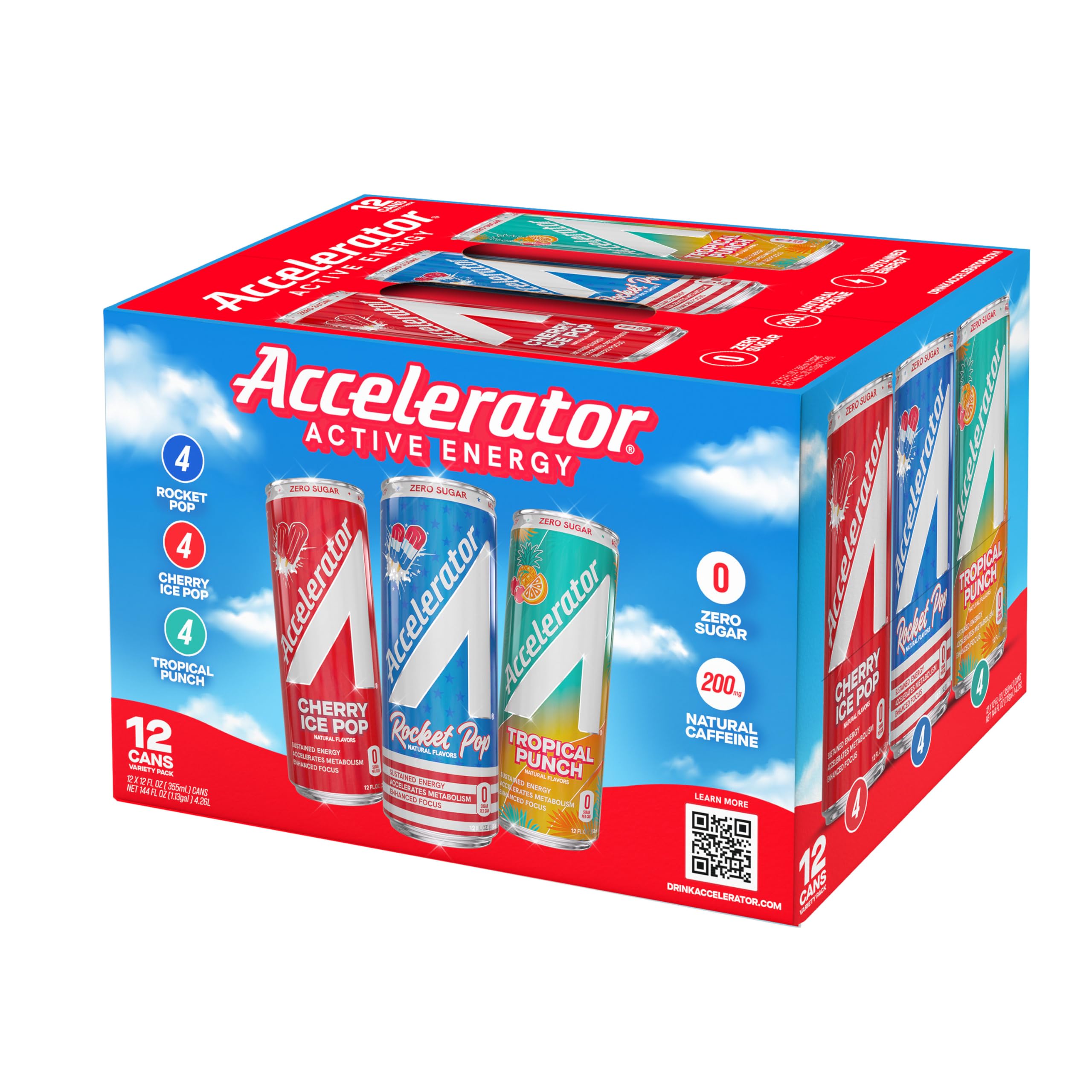 Accelerator Energy Drink, Variety Pack 12oz can (12 pack), Zero Sugar, Sustained Energy from 100% Natural Caffeine (200mg from Green Coffee Bean & Green Tea extract)