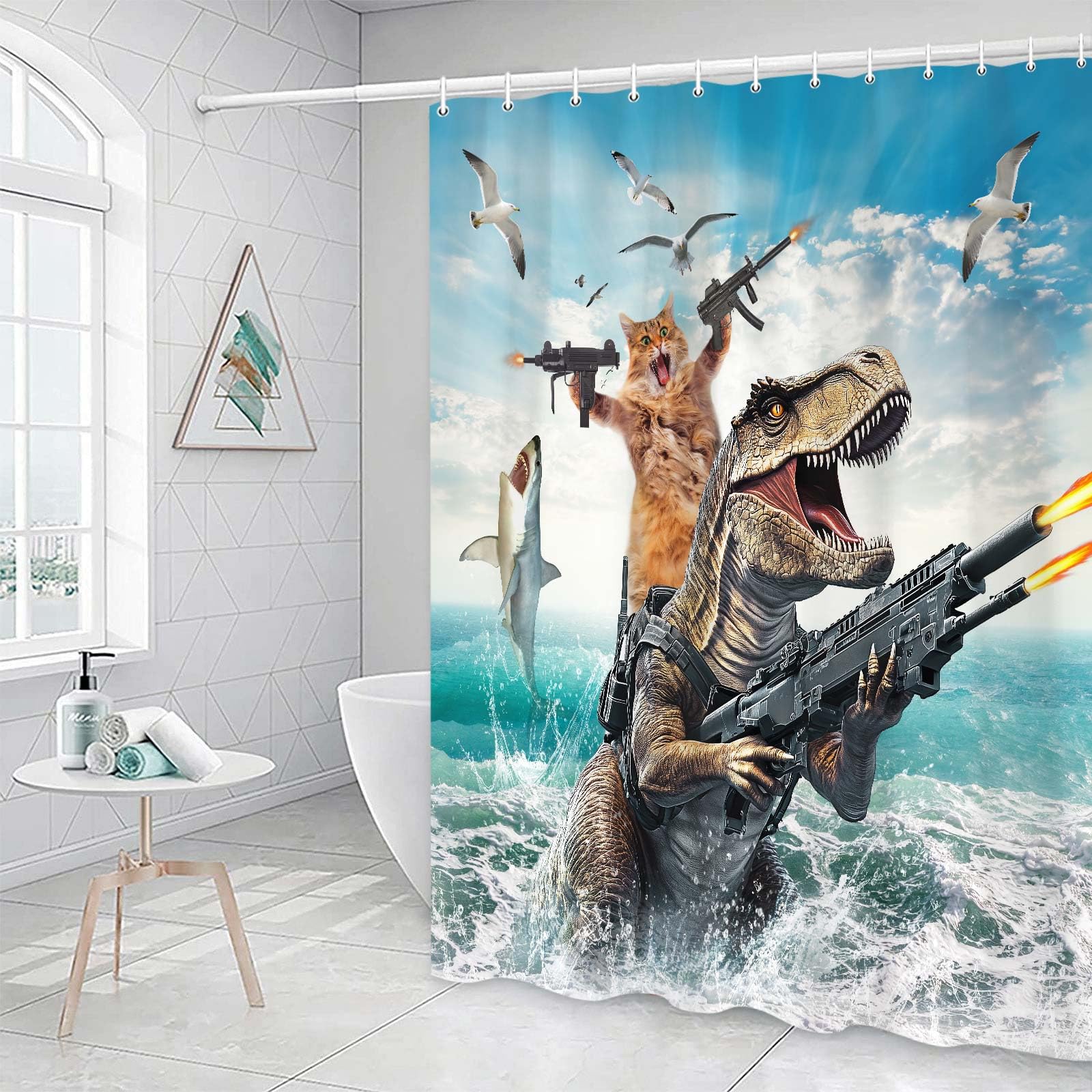 Cat Dinosaur Shower Curtains for Boys, Funny Animal Riding Dino Fighting on Blue Ocean Shower Curtain Sets with Hooks, Hilarious Kids Men Cool Bathroom Set Accessories Decor Beach Theme Curtains