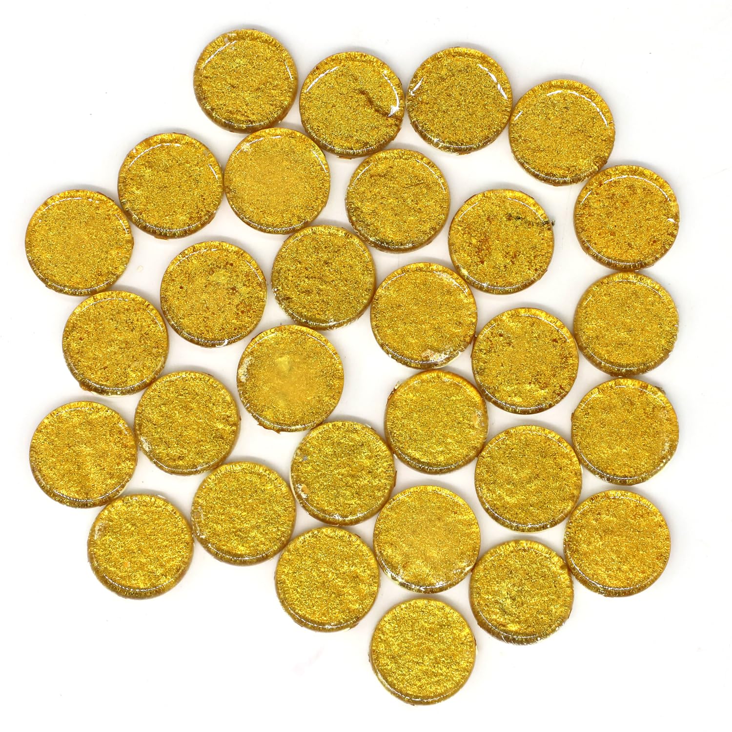 Sweven Art Mosaic Tiles, 20mm Size Round, 5mm Thick, Glossy Surface Glass, Glitter Dark Golden Yellow Color (Pack of 30 Pieces)