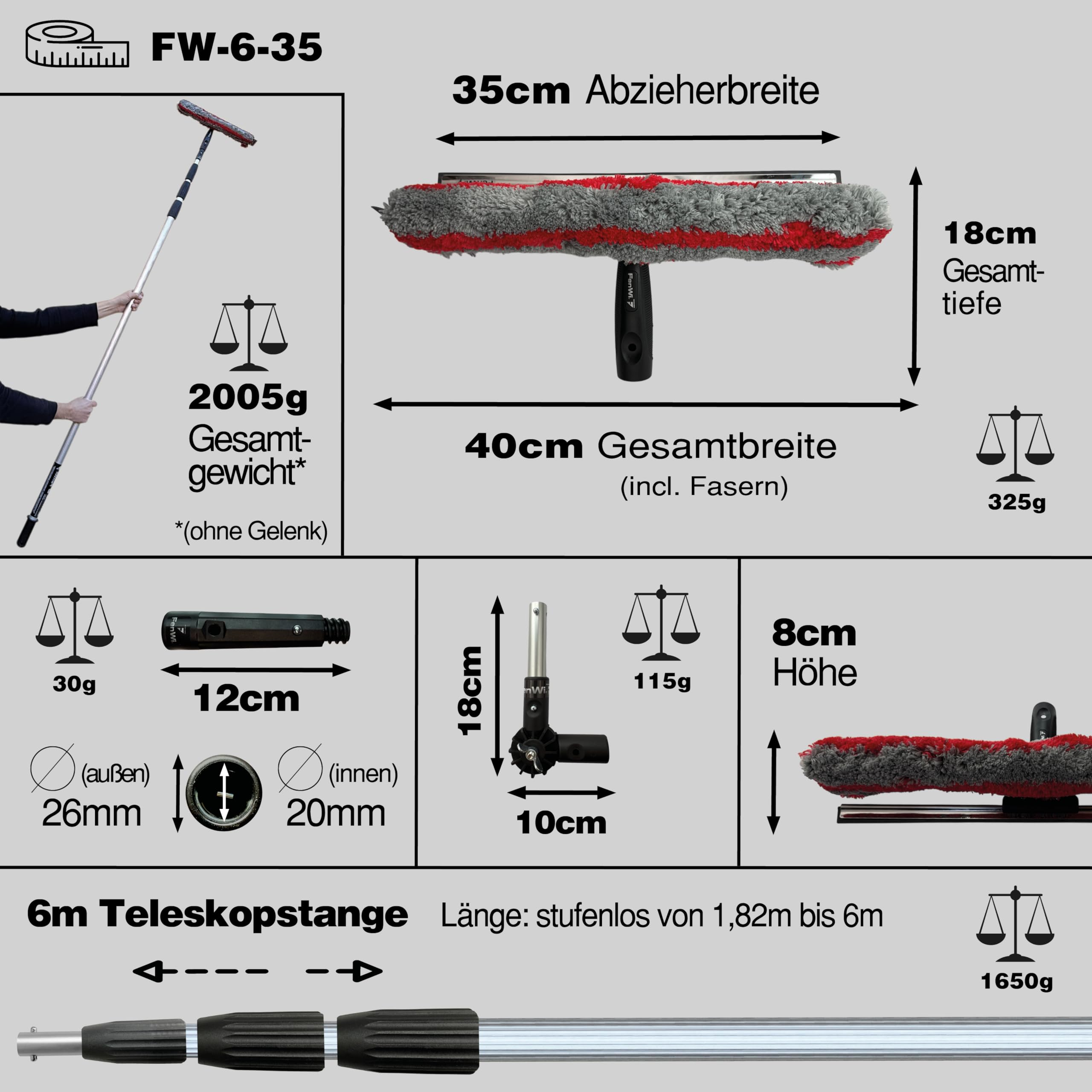 FenWi 6m Teleskop Fensterreiniger Profi Set mit 35cm Kombi Fensterwischer | 2in1 Gummilippe + Microfaser Wischer 35/40cm, Gelenk und Alu Teleskopstange 600cm, Für Wintergarten, Solar und PV Reinigung