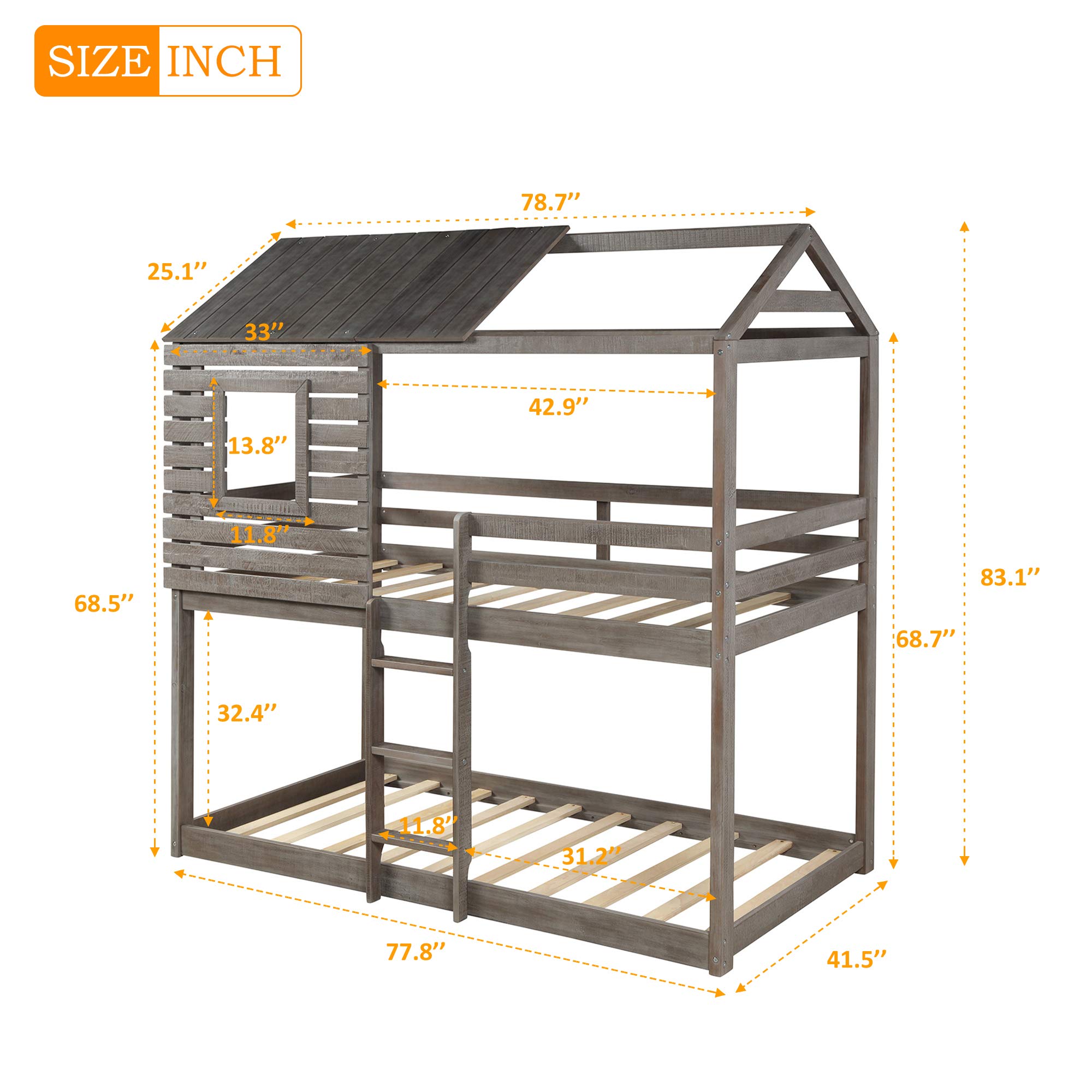Merax House Shaped Solid Wood Bunk Bed with Roof, Window, Guardrail and