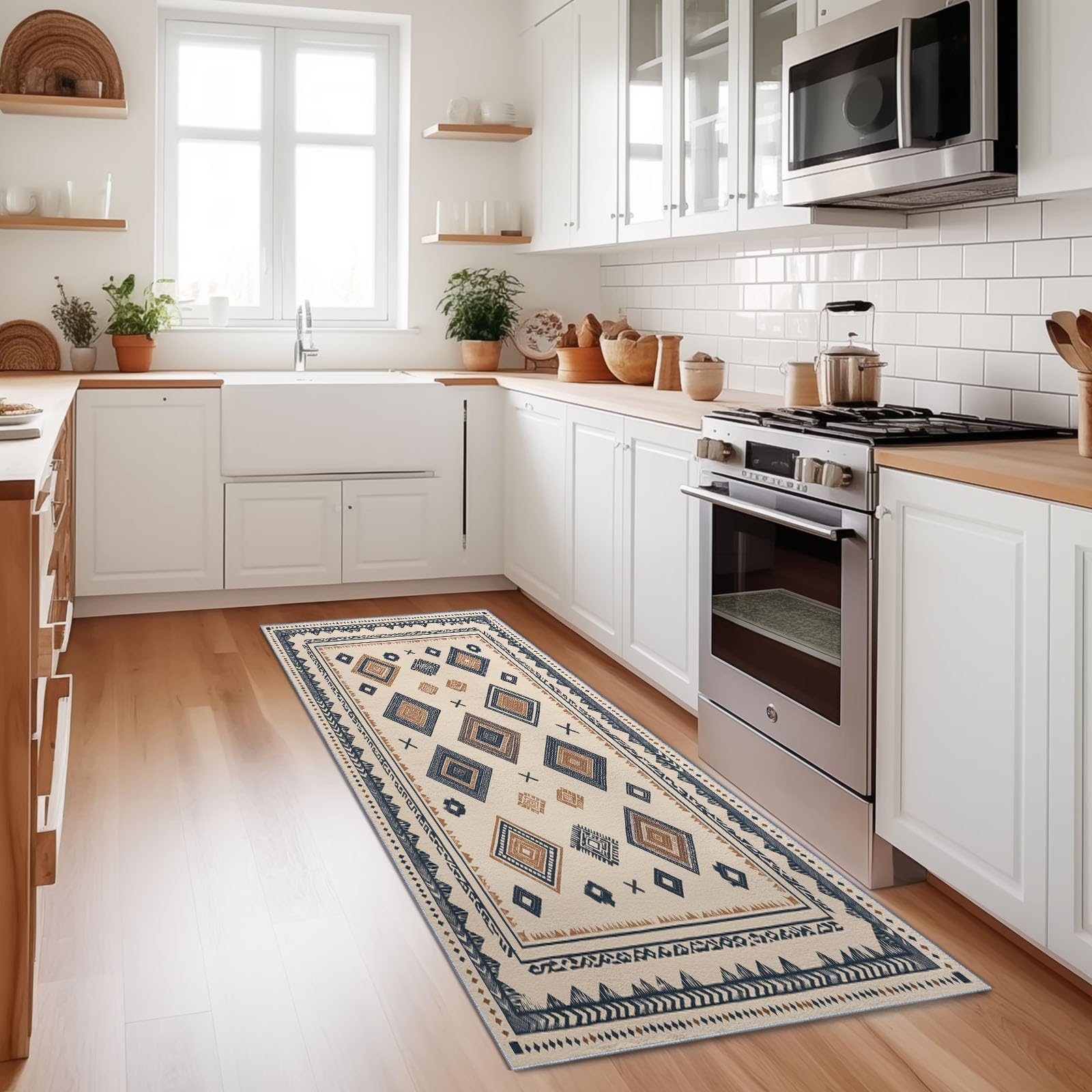 Tapis Couloir Long 80 x 240 cm Antidérapant, Bohémien Ethnique Totem Géométrique Losange Tapis de Passage Lavable en Machine pour Cuisine, Chambre, Balcon, Doux Poil Ras Descente de Lit Decor, Beige