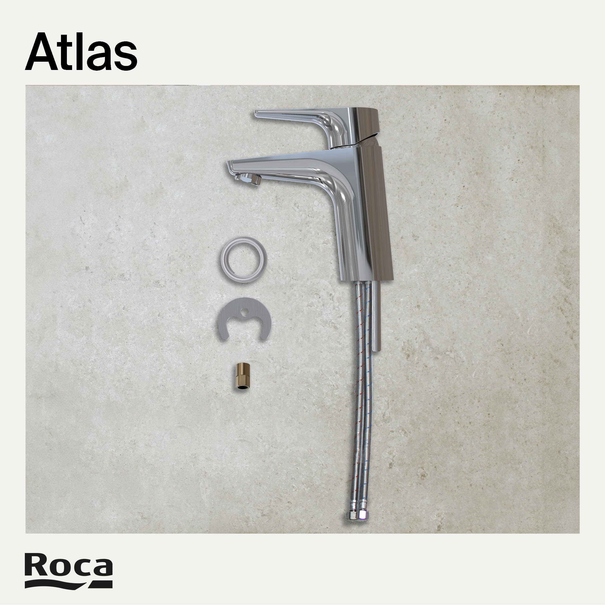 Roca Atlas Grifería para lavabo con tecnología Cold Start, grifo monomando de repisa con enlaces de alimentación flexibles, mezclador para cuarto de baño de fácil instalación, cromado, A5A3290C00