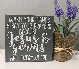 "Wash Your Hands and Say Your Prayers" Jesus & Germs Funny Bathroom Wooden Sign – Farmhouse Decor (5x5 Inch)