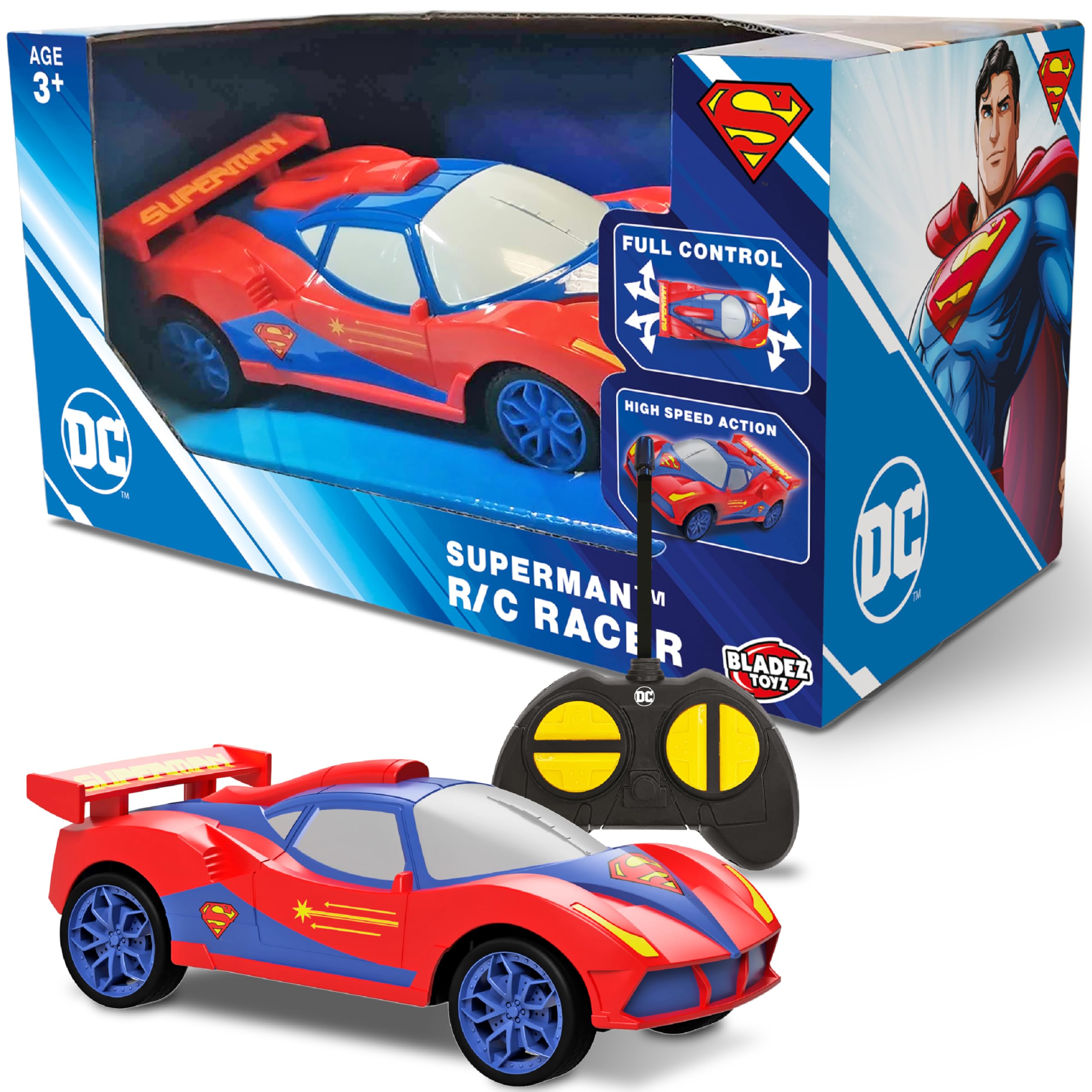 BLADEZ Superman RC Racer, DC Comics, Remote Control Vehicle, Easy to use for kids age 3 and above, Full function RC 1 28 Scale, Licensed Toy, Toyz