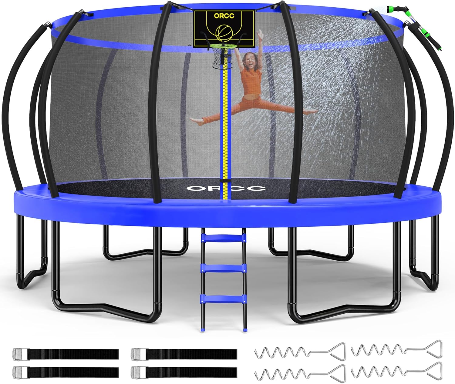ORCC Kids Trampoline, 1200LBS Weight Capacity Trampoline 16 15 14 12 10 8FT with Basketball Hoop Water Sprinkler Spiral Ground Stakes Outdoor Yard Trampolines for Kids Adults