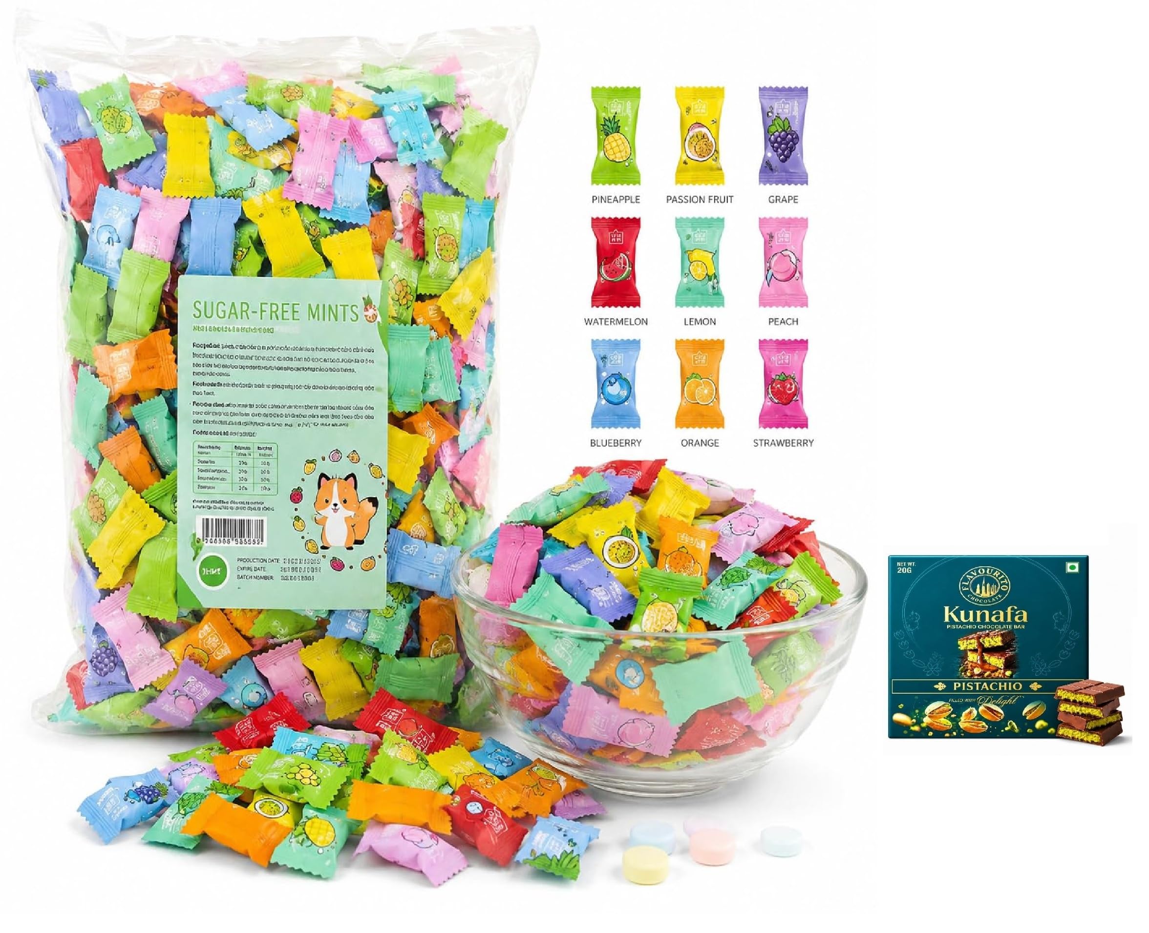 Trending Mint Candy Assorted Fruit Flavors | Imported Sugar Free Mints | Refreshing Breath Candy | Individually Wrapped | 300g Pack With Free Flavourito Kunafa Pistachio Chocolate Bar, 20g By Decadent Foods (Imported-Vietnamese)-image-2