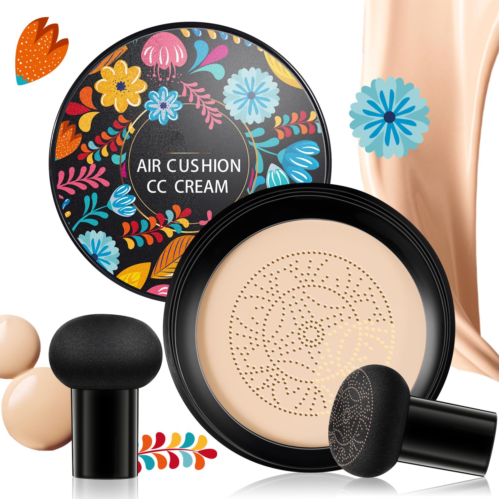 Mushroom Head Air Cushion CC Cream, BB Cream Foundation, Moisturizing Concealer, Concealer Lasting Nude Makeup Moisturizing Brightening Pigment Liquid Foundation,Cushion Foundation(Natural) (Type3)
