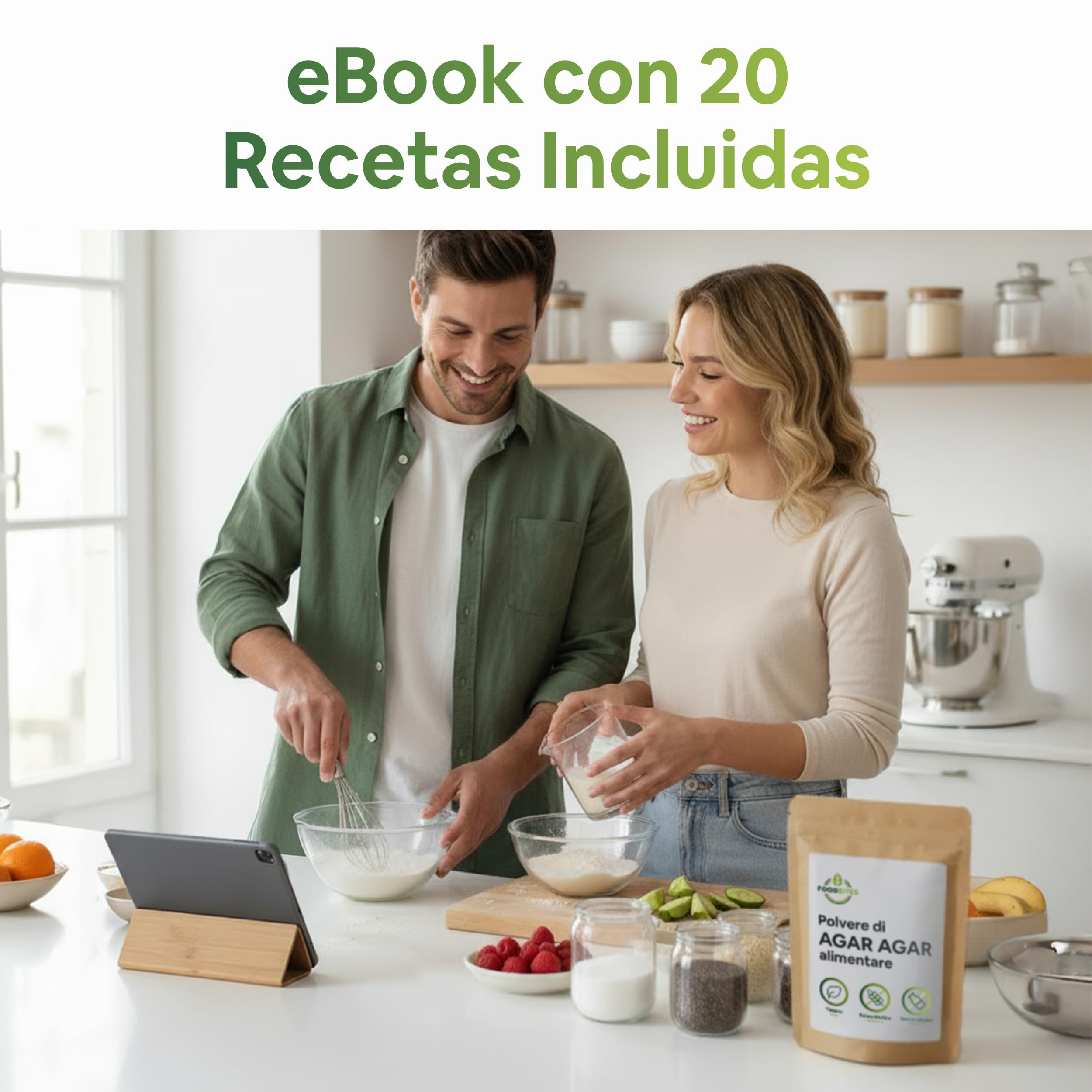 Food Bites Agar Agar en Polvo Alimentario 1Kg para Cocinar – Espesante Alimentario para Postres, Cocina Molecular y Mixología – Gelatina sin Sabor en Polvo Natural – eBook DE REGALO con 20 Recetas