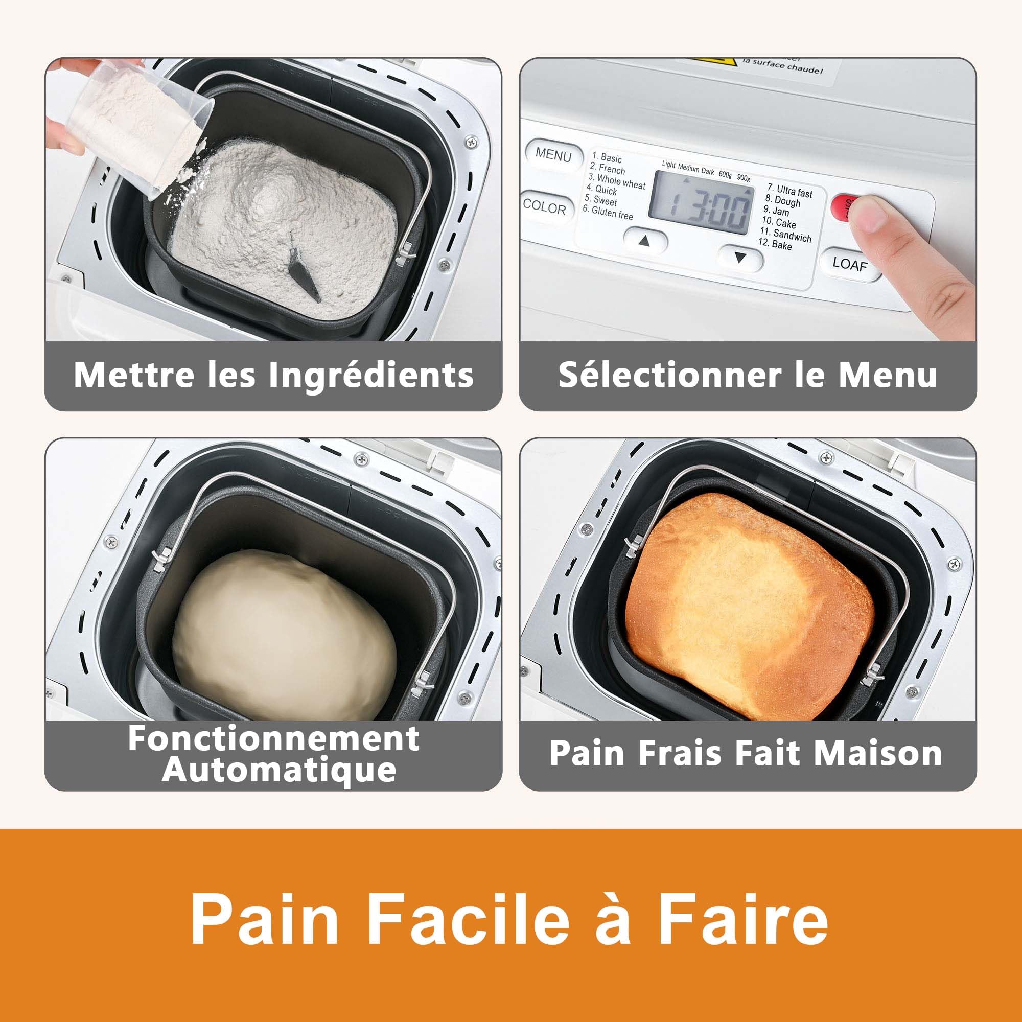Machine à Pain 12 Programmes Automatiques Cuisson 360° Sans Gluten Pâte à Pizza Gâteau Confiture