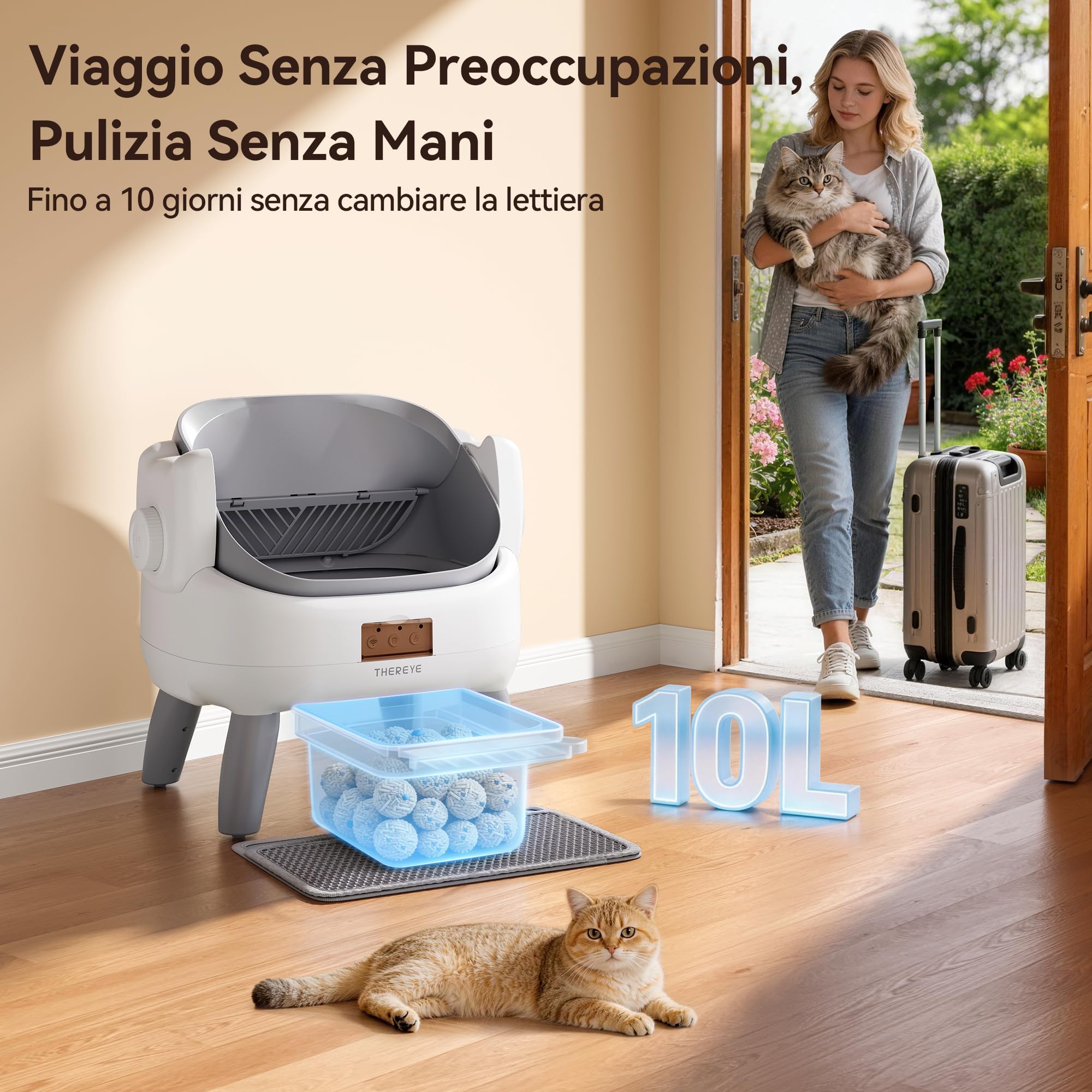 Thereye Lettiera Automatica Senza Coperchio, 11 Sensori Sicurezza, App Wi-Fi 2,4GHz, Vano Rifiuti 10L Anti-Odore Silenzioso, Garanzia 2 Anni Sola Sostituzione per Gatti Piccoli e Medi