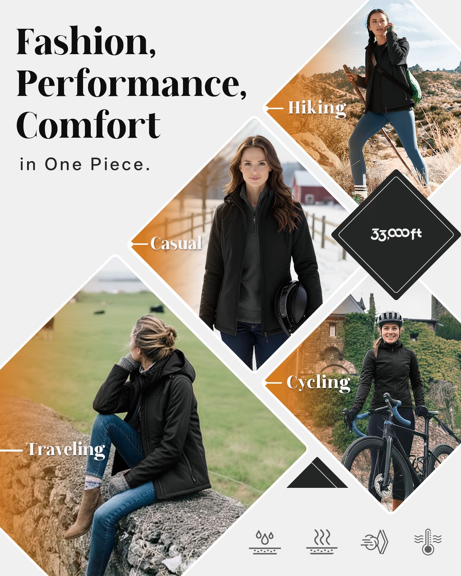 33,000ft Damen Softshelljacke mit Abnehmbarer Kapuze Wasserdichte Atmungsaktiv Fleece Gefütterte Winterjacke Winddichte Übergangsjacke Funktionsjacke zum Radfahren, Wandern