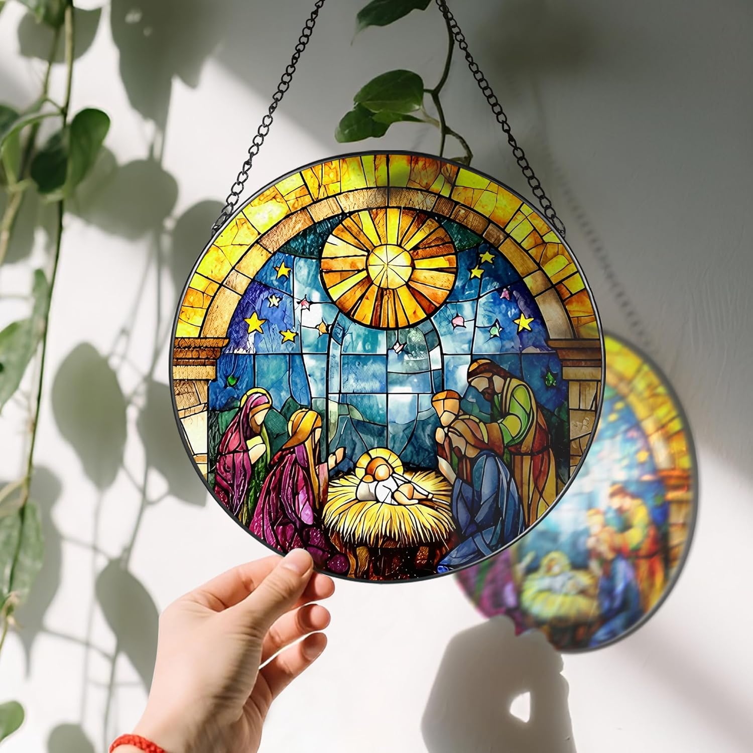 8'' Stained Glass Window Hanging, Nativity Scene Ornament, Christian Christmas Ornament, Holy Family Decoration, Religious Decor, Gift for Christmas, Religious Gifts, Christian Gifts - Image 3