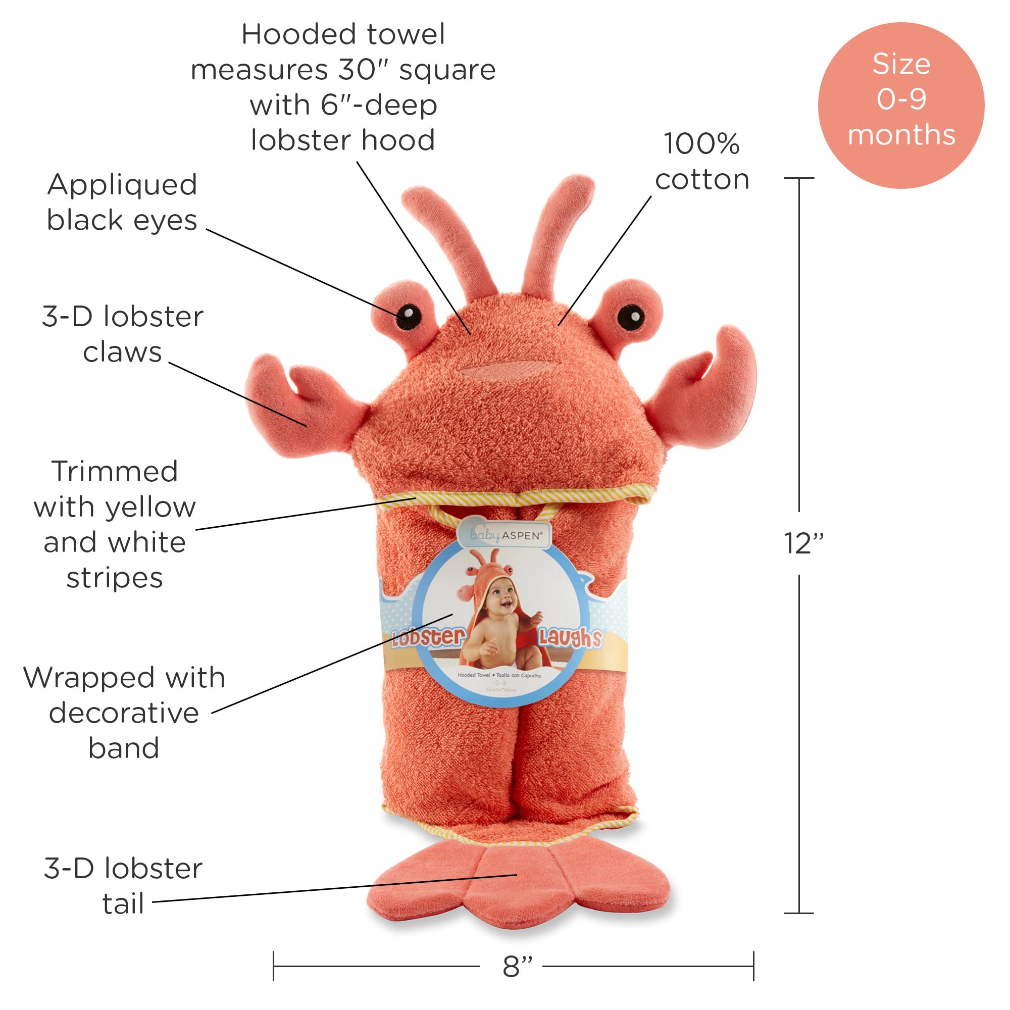 Baby Aspen ZKMAGIC Baby Boys Lobster Laughs (Updated Gift Packaging) Hooded Towel, Orange, 1 Count US