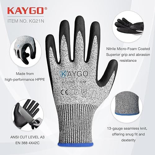 Miniatura 2 de Guantes resistentes a cortes, revestimiento de nitrilo de microespuma, nivel de corte ANSI A3, rendimiento de agarre superior, duraderos, guantes de