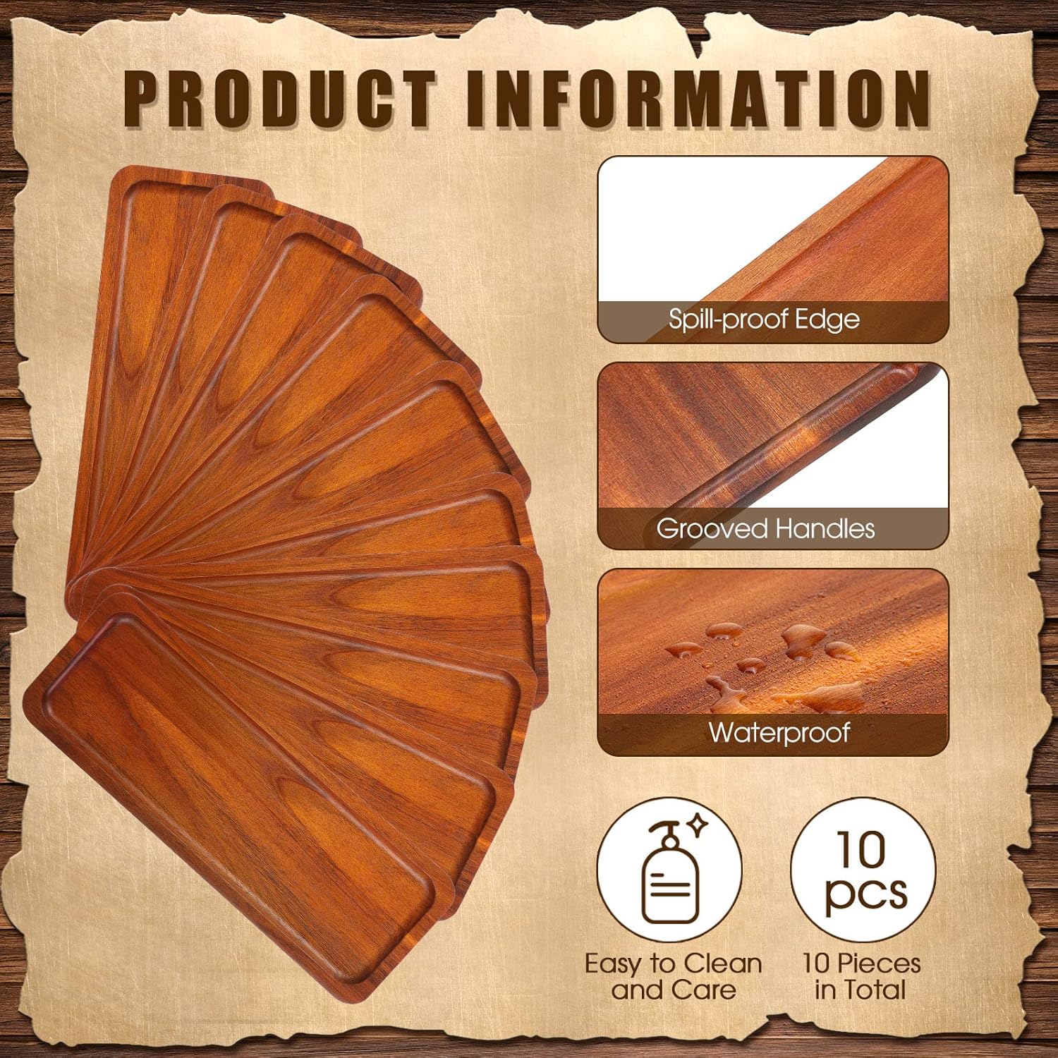 10 Pack Solid Wood Serving Trays Acacia Wooden Server Platter Rectangular Charcuterie Boards with Grooved Handle for Home Room Coffee Cheese Appetizer Table Farmhouse Serving Decor (10.8 x 4 Inch) - Image 2