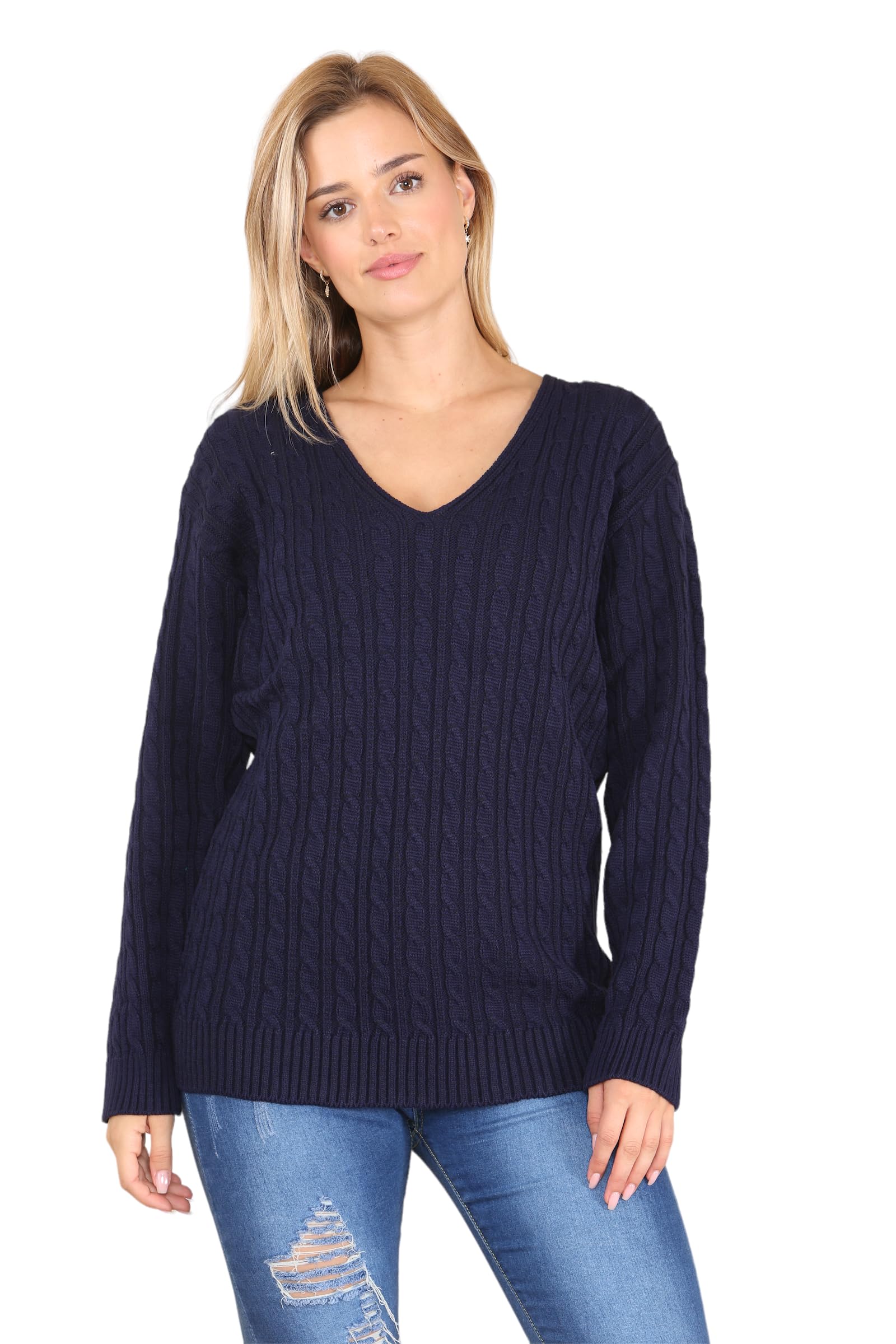 WearAll Women's Plus Cable Knitted Long Sleeve V-Neck Sweater Top Ladies Stretch Jumper - Navy - 20-22