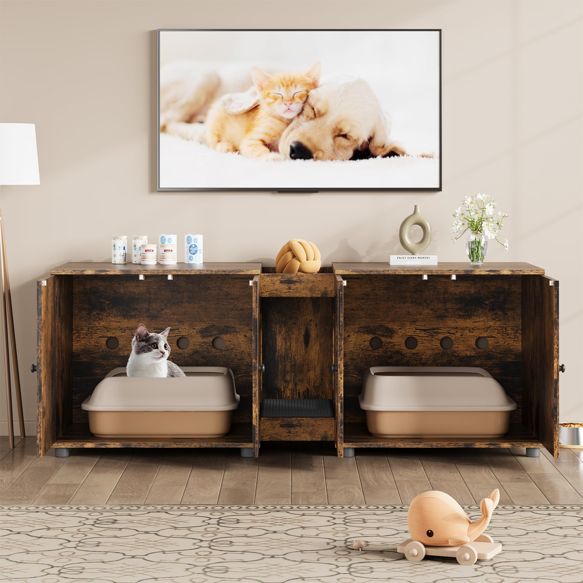 IDEALHOUSE Großes doppeltes Katzenklo-Möbel 140cm – Katzenhaus für 2 Katzen – Versteckter Katzenklo-Schrank mit Trennwand und Stauraum – Holzoptik, Klassisch Farbe – Spezifikation: Ohne Rattan
