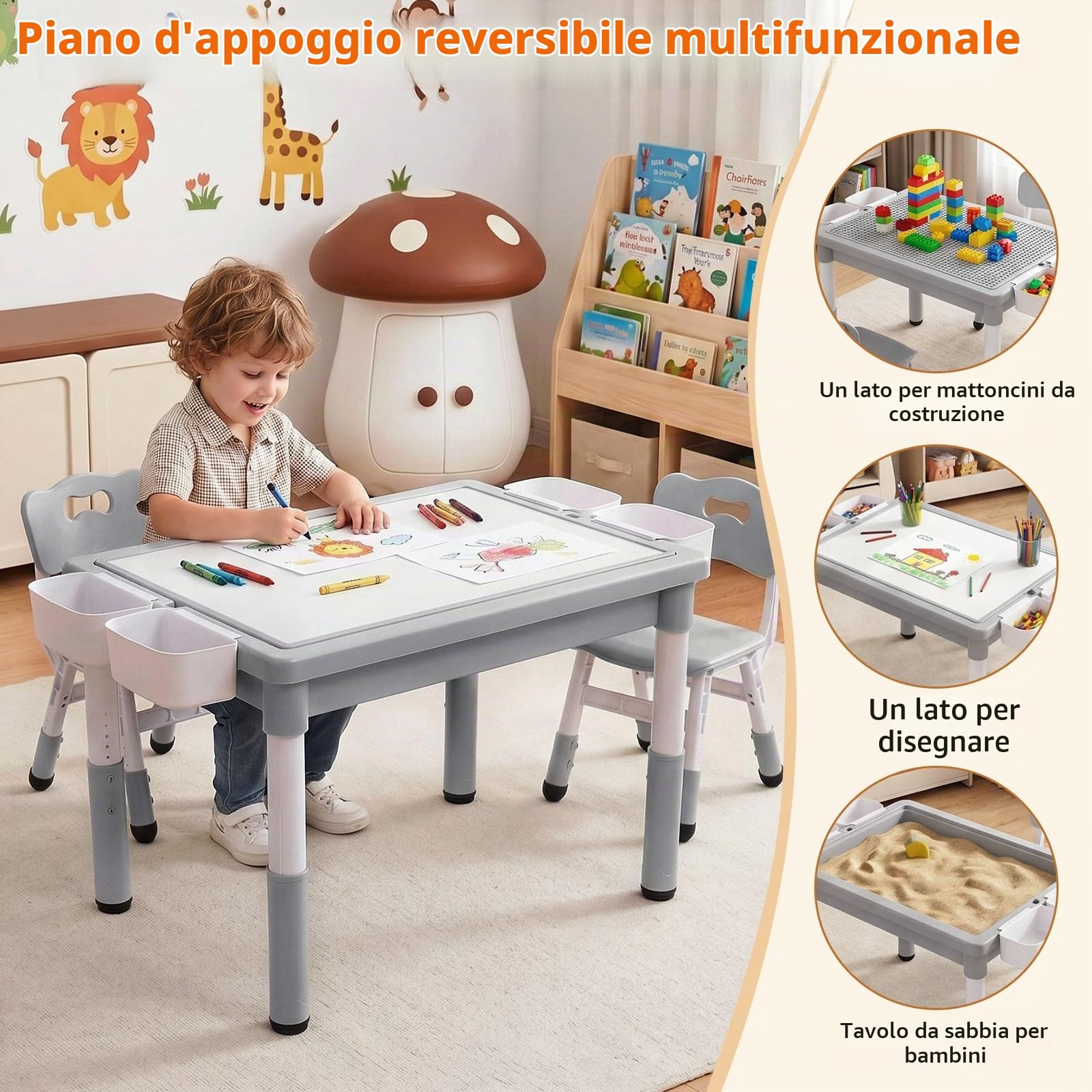 MAMIZO Tavolo per bambini con 2 sedie, vano portaoggetti e piastra
