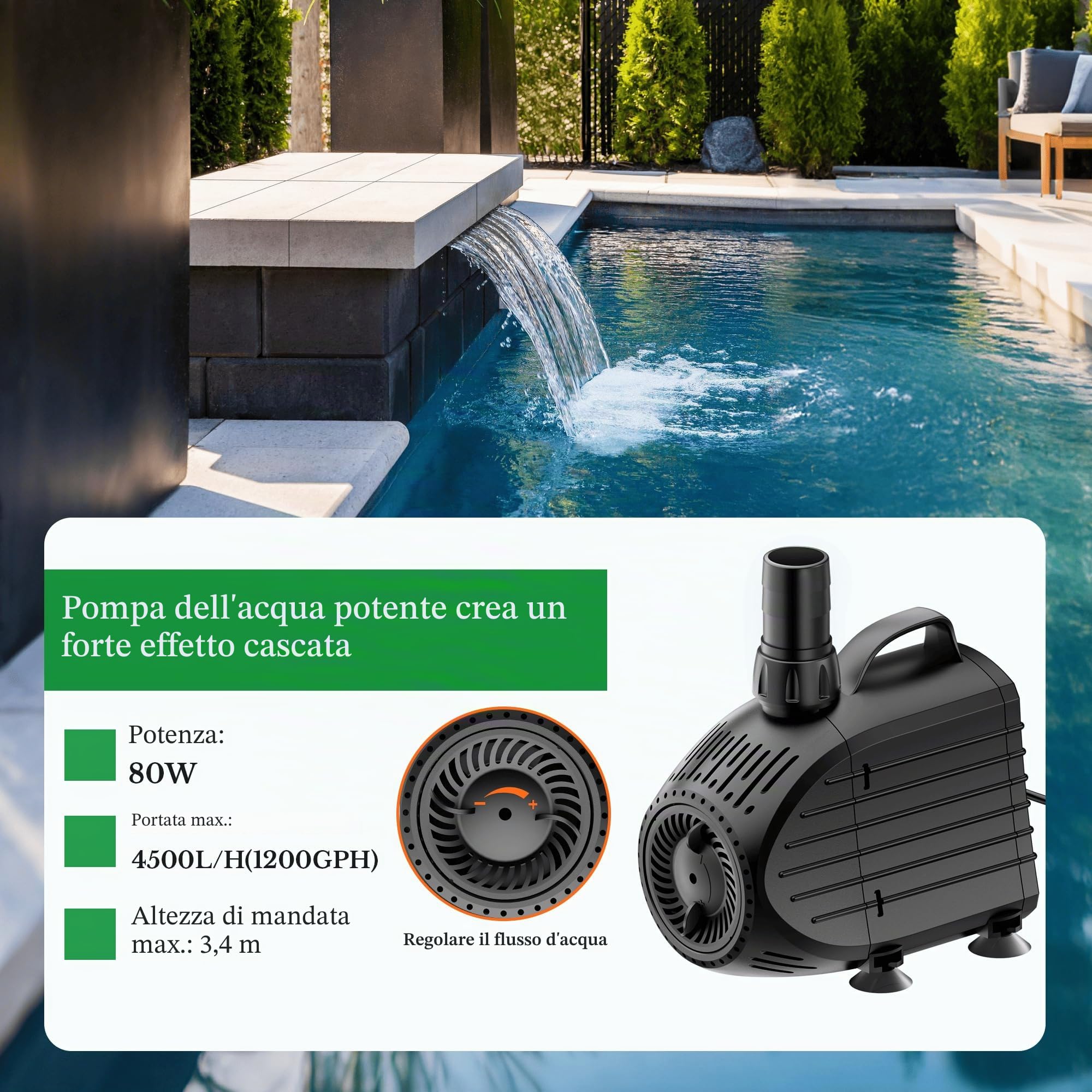 Biling Set Completo per Stagno, Acciaio Inossidabile Cascata con Filtro per laghetto, con Pompa per laghetto da 80 W, 4500 l/h, cascate, ruscelli da Giardino, Gioco d'Acqua