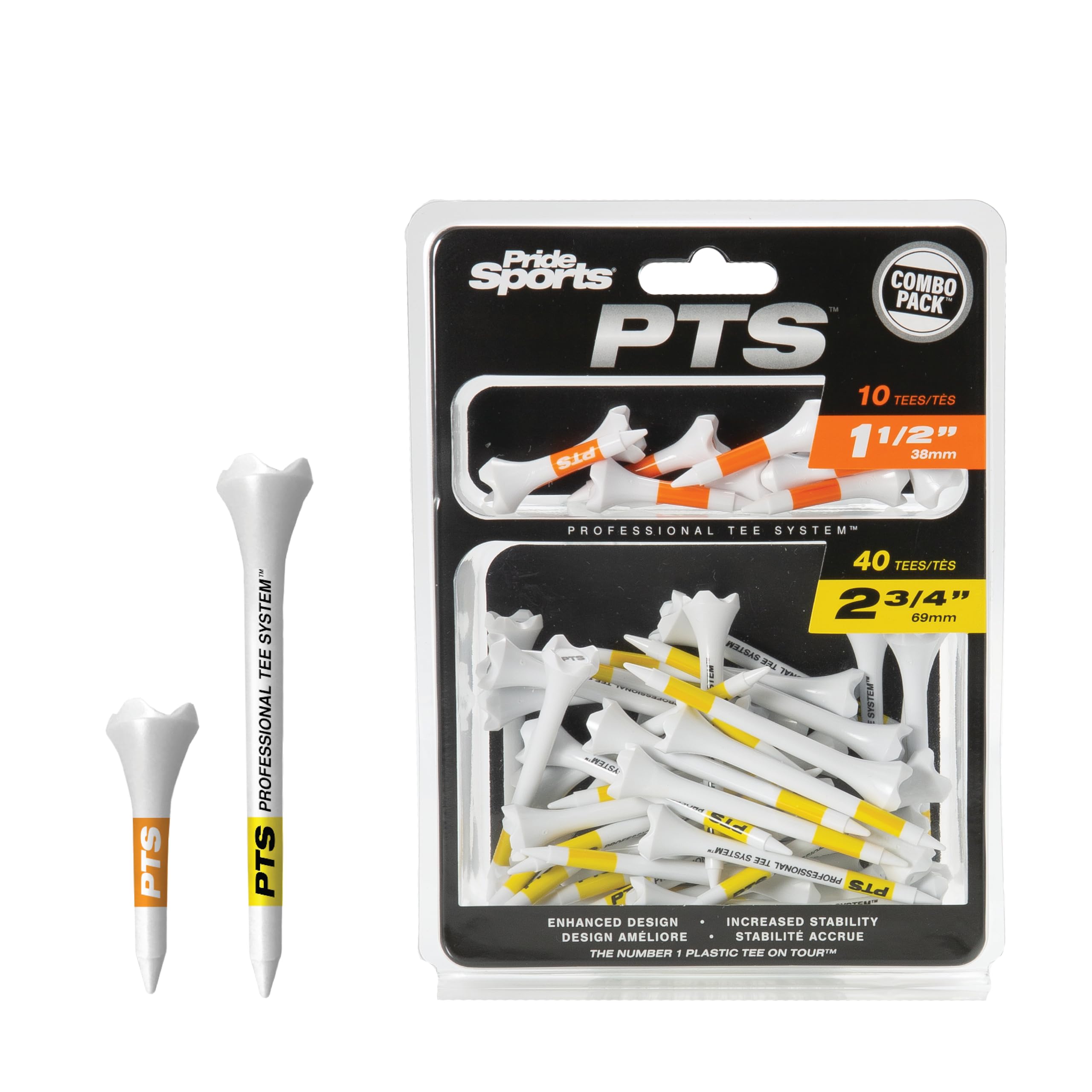 Pride Professional Tee System Evolution Plastic Golf Tees - Pack of 50 (40 Count 2-3/4-Inch and 10 Count 1-1/2-Inch)