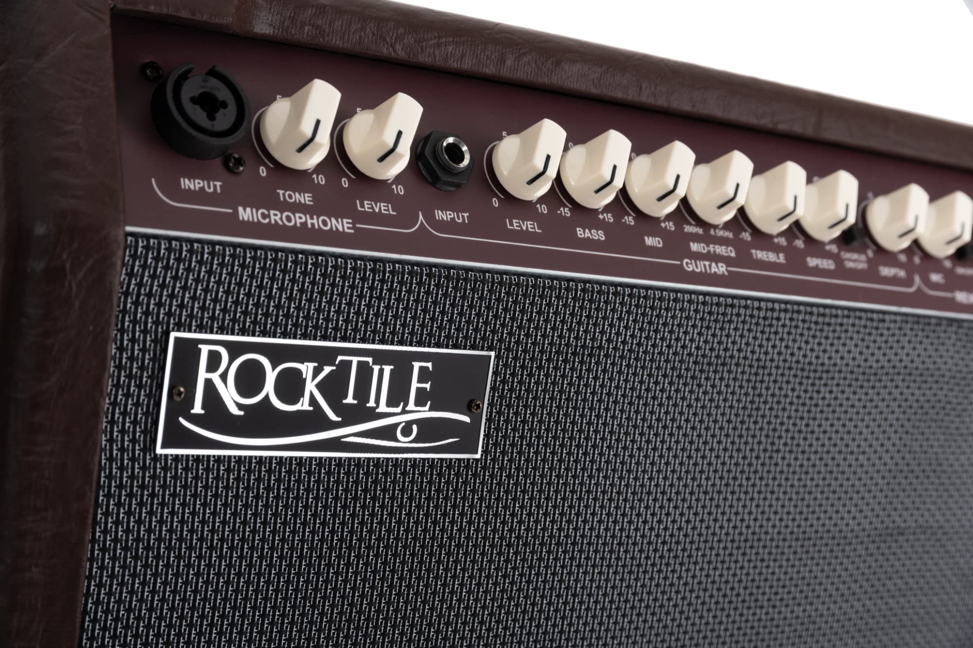 Rocktile AA-60 BN Eric Akustikverstärker - 60 Watt - 2 Kanäle (Mikrofon und Gitarre) - 2X 10 Speaker + 2,5" Hochtöner - AUX-Eingang und Line Out - Chorus- und Hall-Effekt - Braun